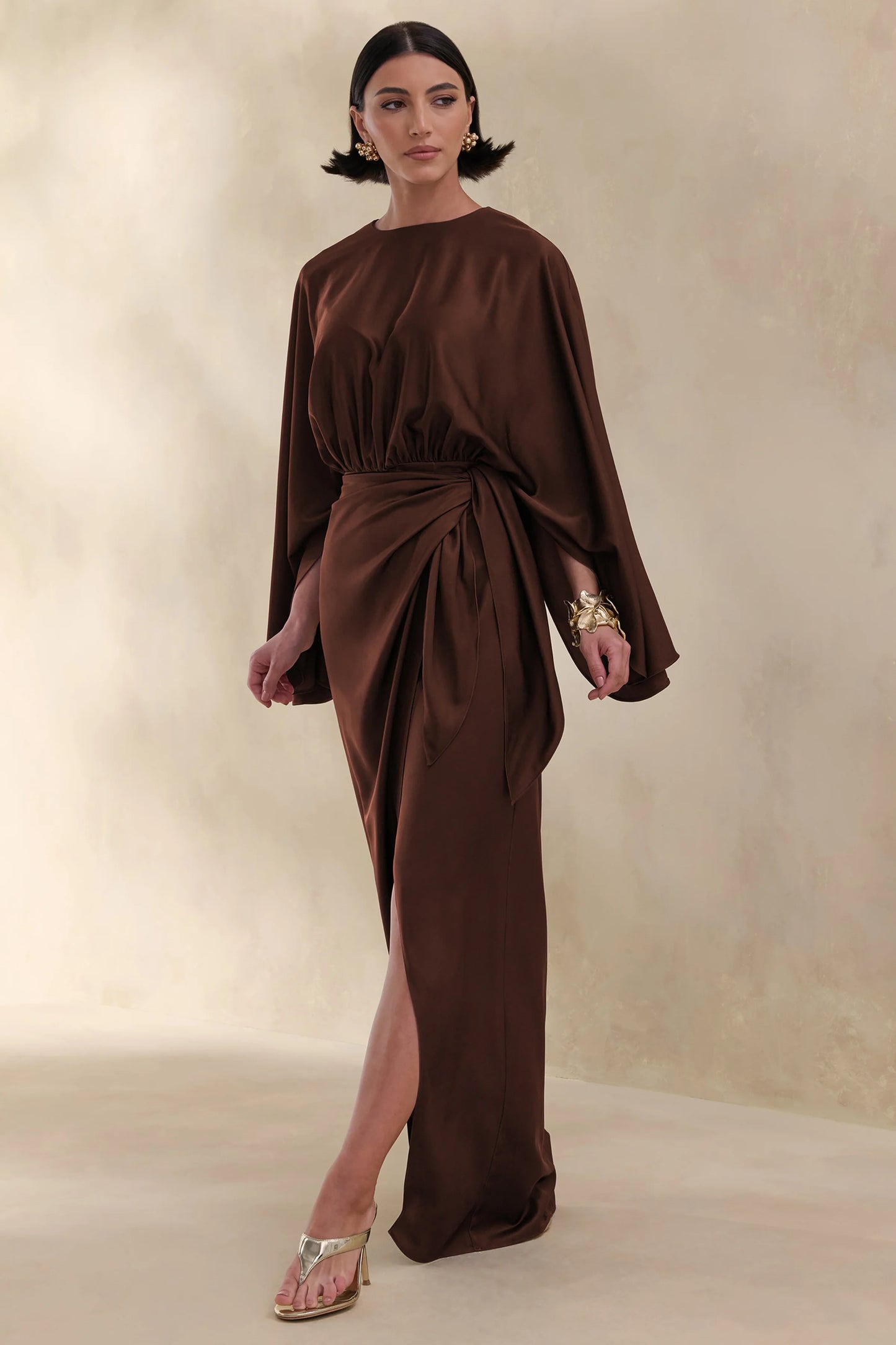 Delphina Brown Satin Maxi Dress With Gathered And Knot-Detail