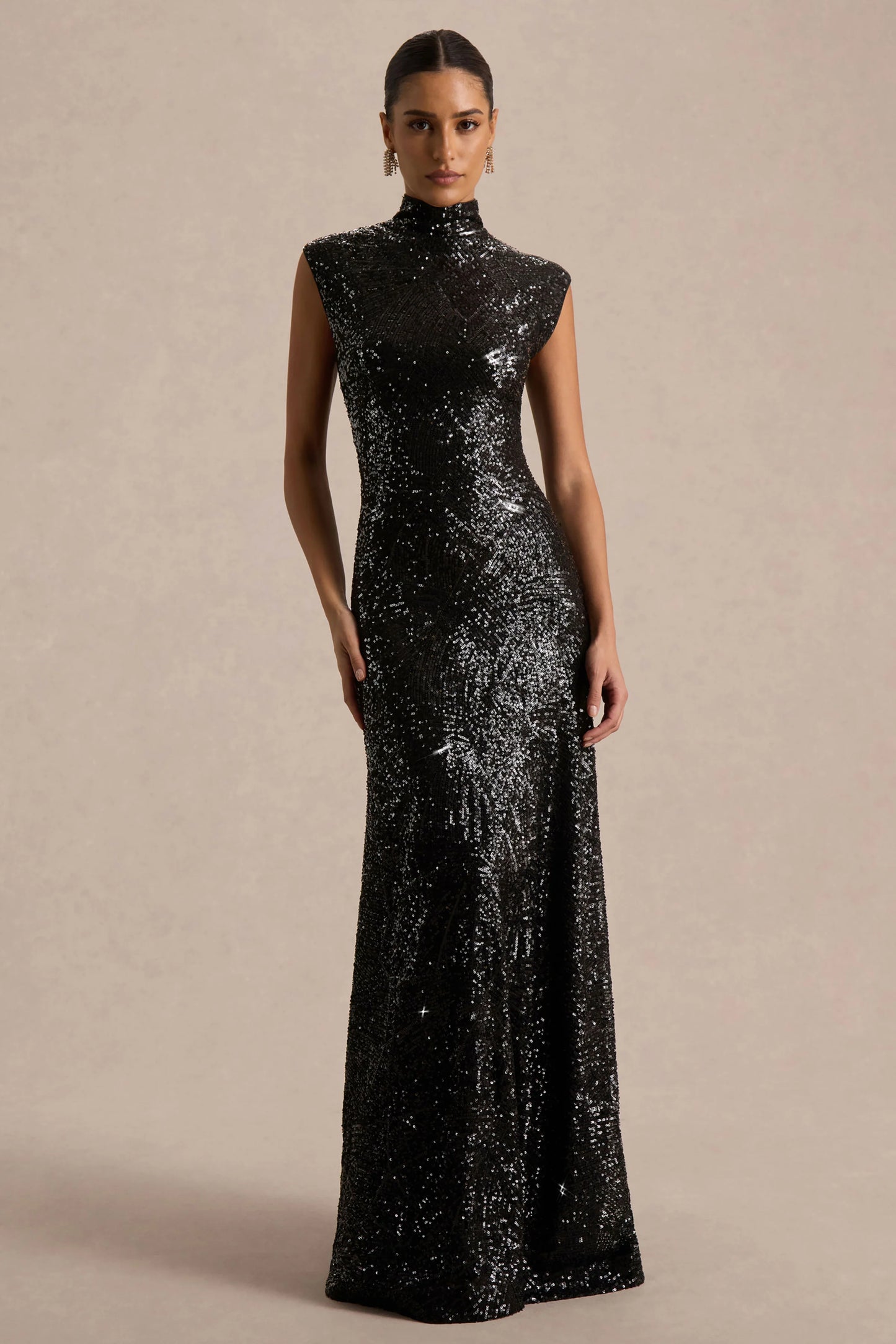 Cecy Black Sequin High-Neck Maxi Dress With Cap Sleeves