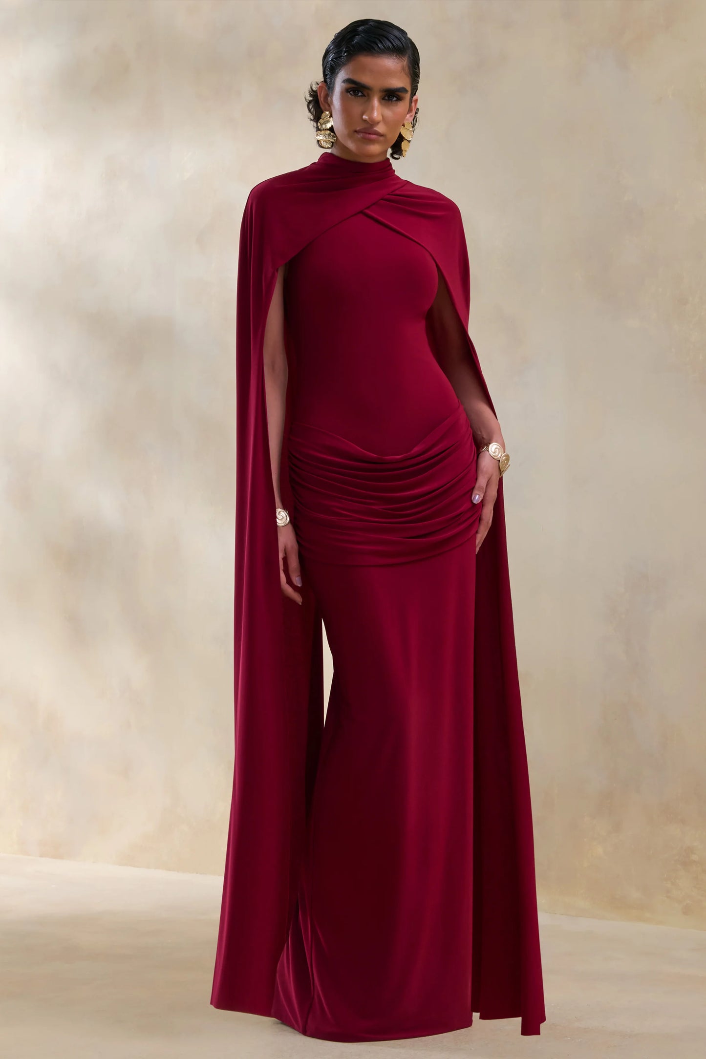 Dianelle Berry High-Neck Maxi Dress With Cape-Sleeves