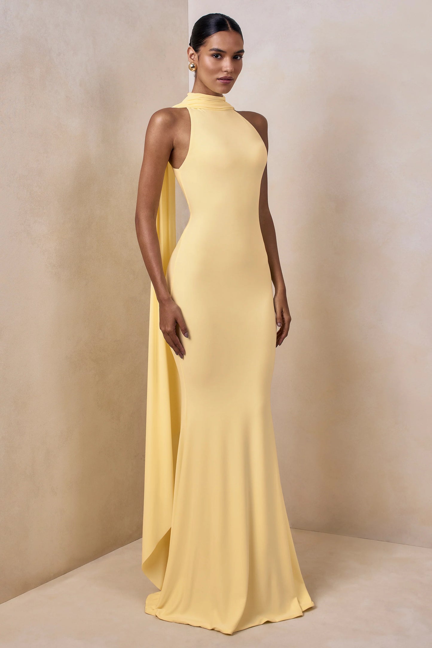 Cordy Lemon High-Neck Maxi Dress With Cape