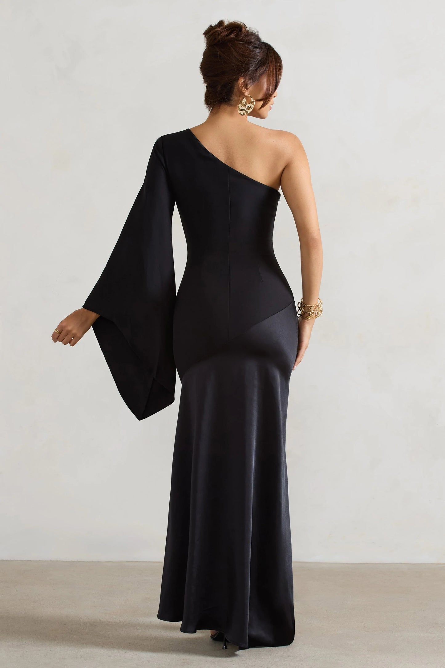 Salem Black Asymmetric Cape-Sleeve Maxi Dress With Satin Skirt