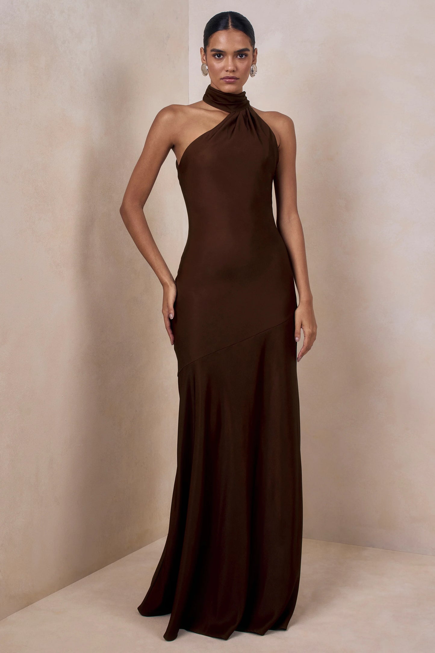 Cara Brown Matte Satin High-Neck Maxi Dress