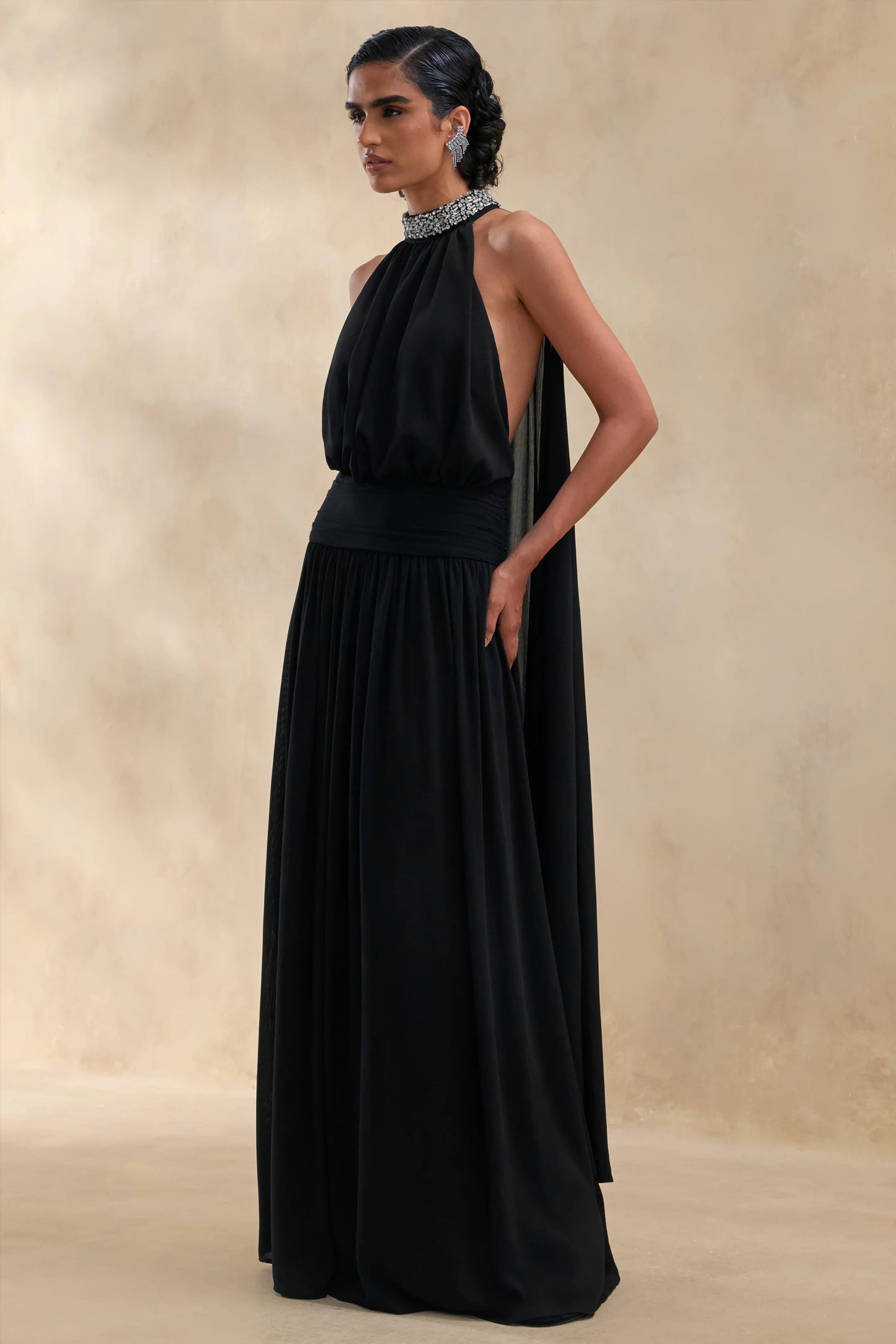 Marie Black Halter-Neck Maxi Dress With Embellished Detailing