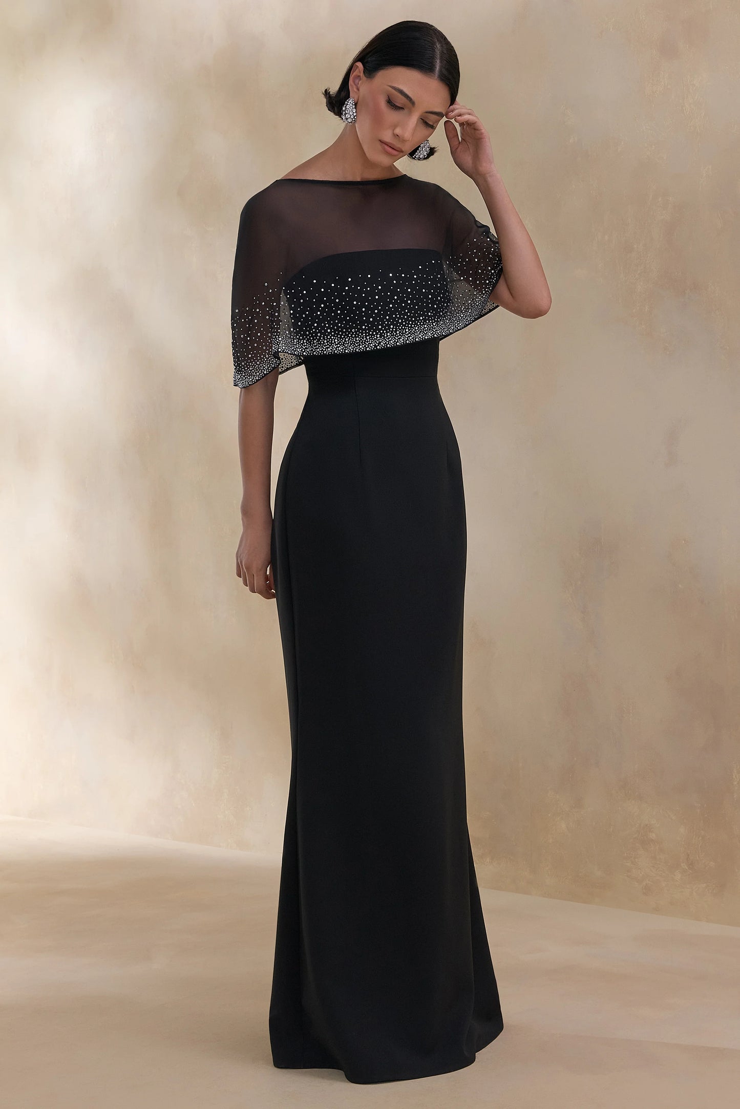 Everly Black Hand-Embellished Cape-Sleeve Maxi Dress