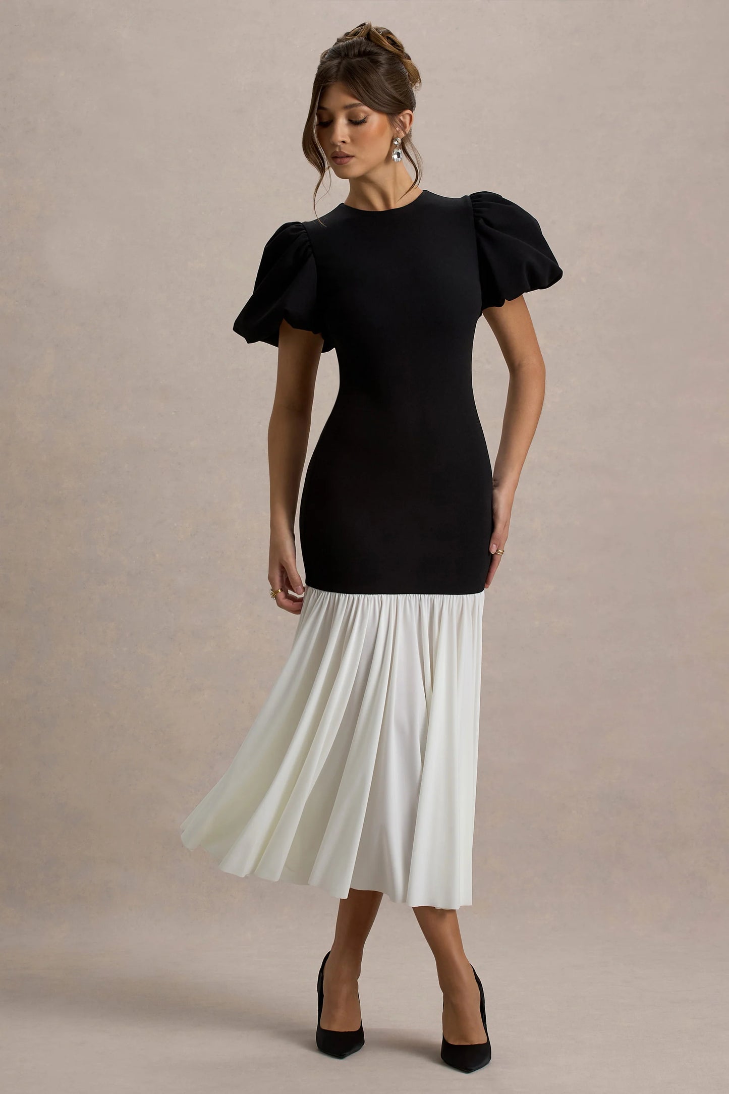 Cinzia Black & White Puff-Sleeve Volume-Hem Midi Dress