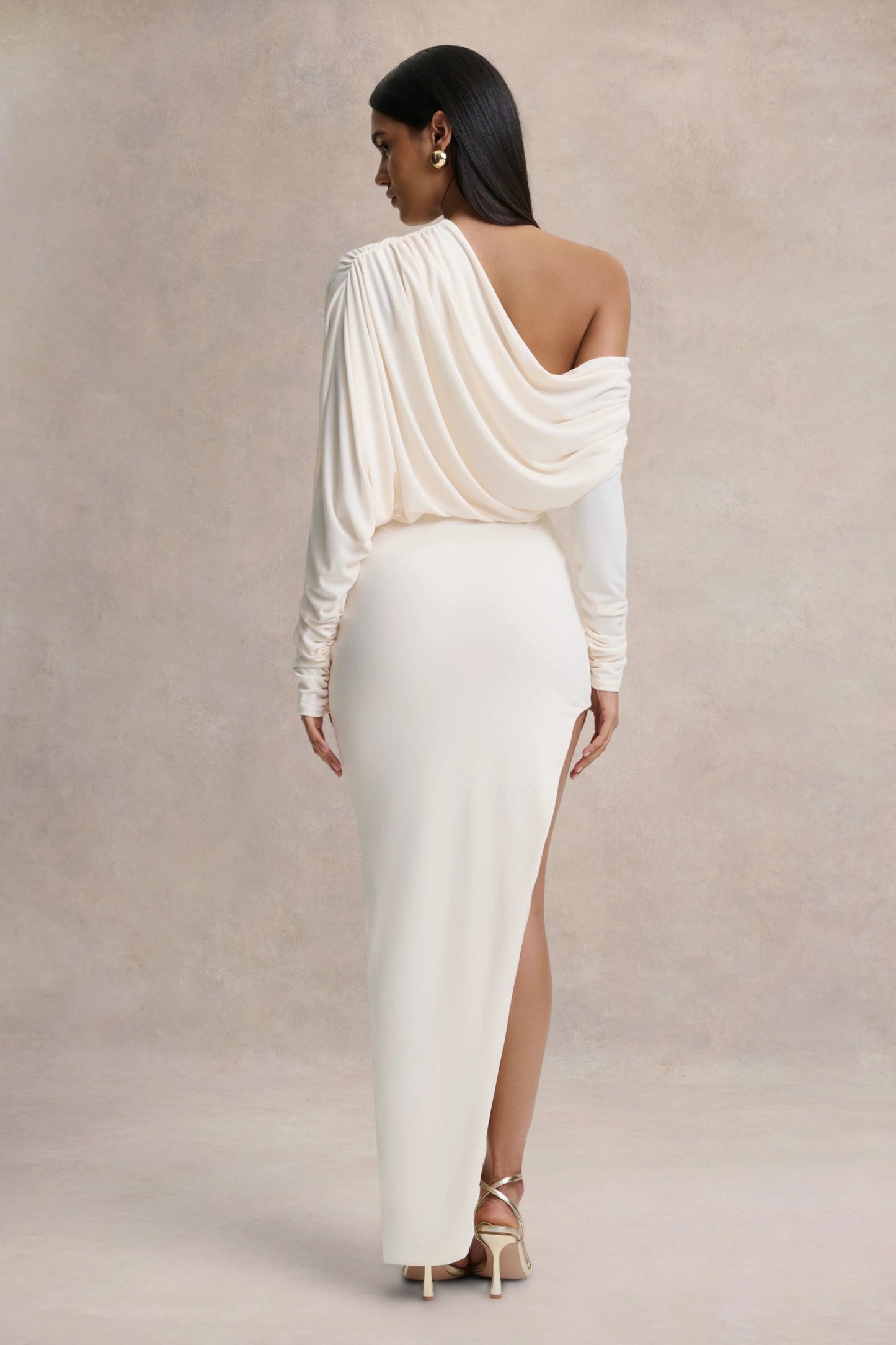 Olivia Cream Asymmetric-Neck Maxi Dress With Ruched Detailing Asymmetric-Hem