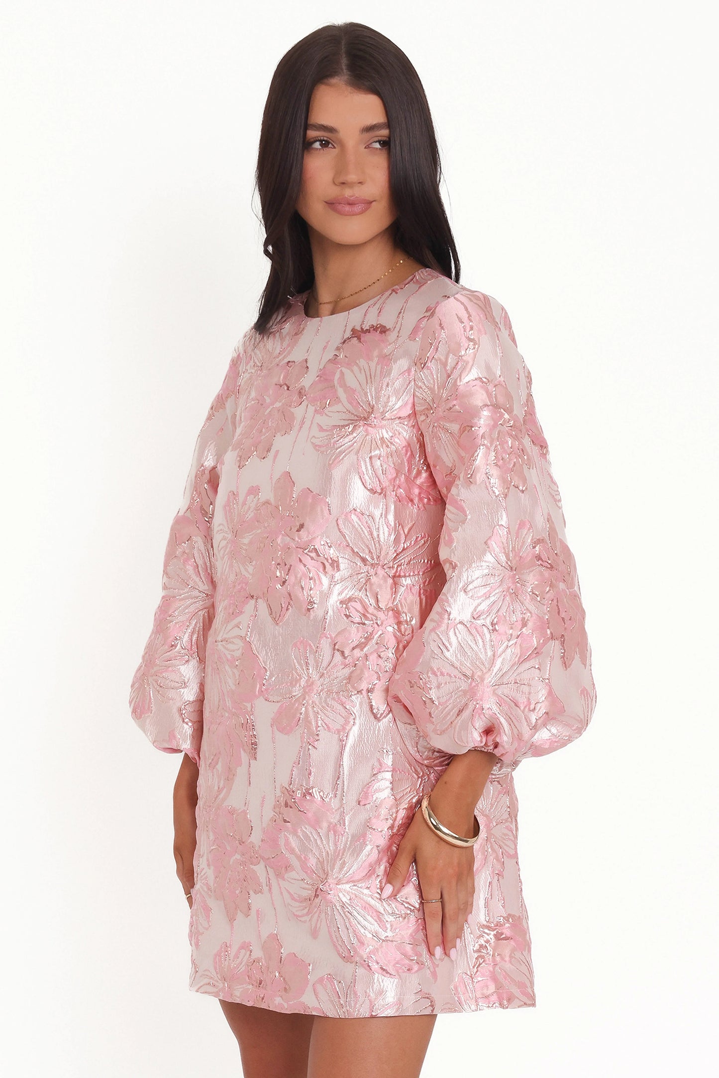 Treloar Long Sleeve Mini Dress - Pink Brocade