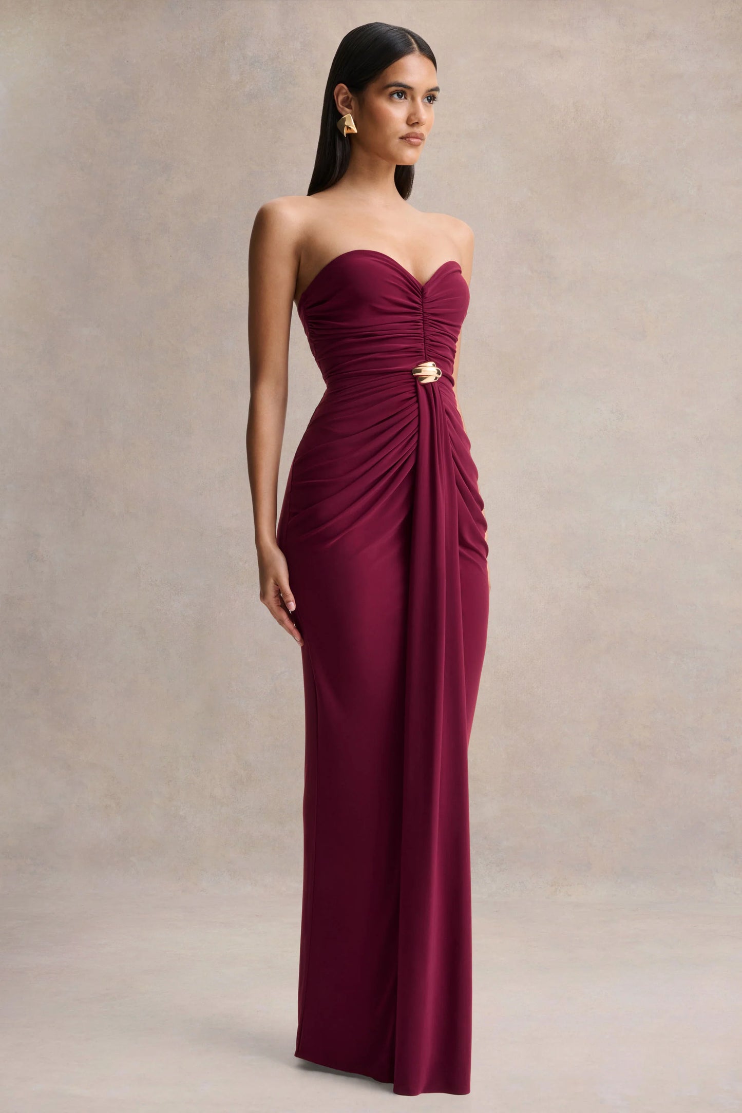 Beverly Burgundy Bandeau Maxi Dress With Gathered-Detailing