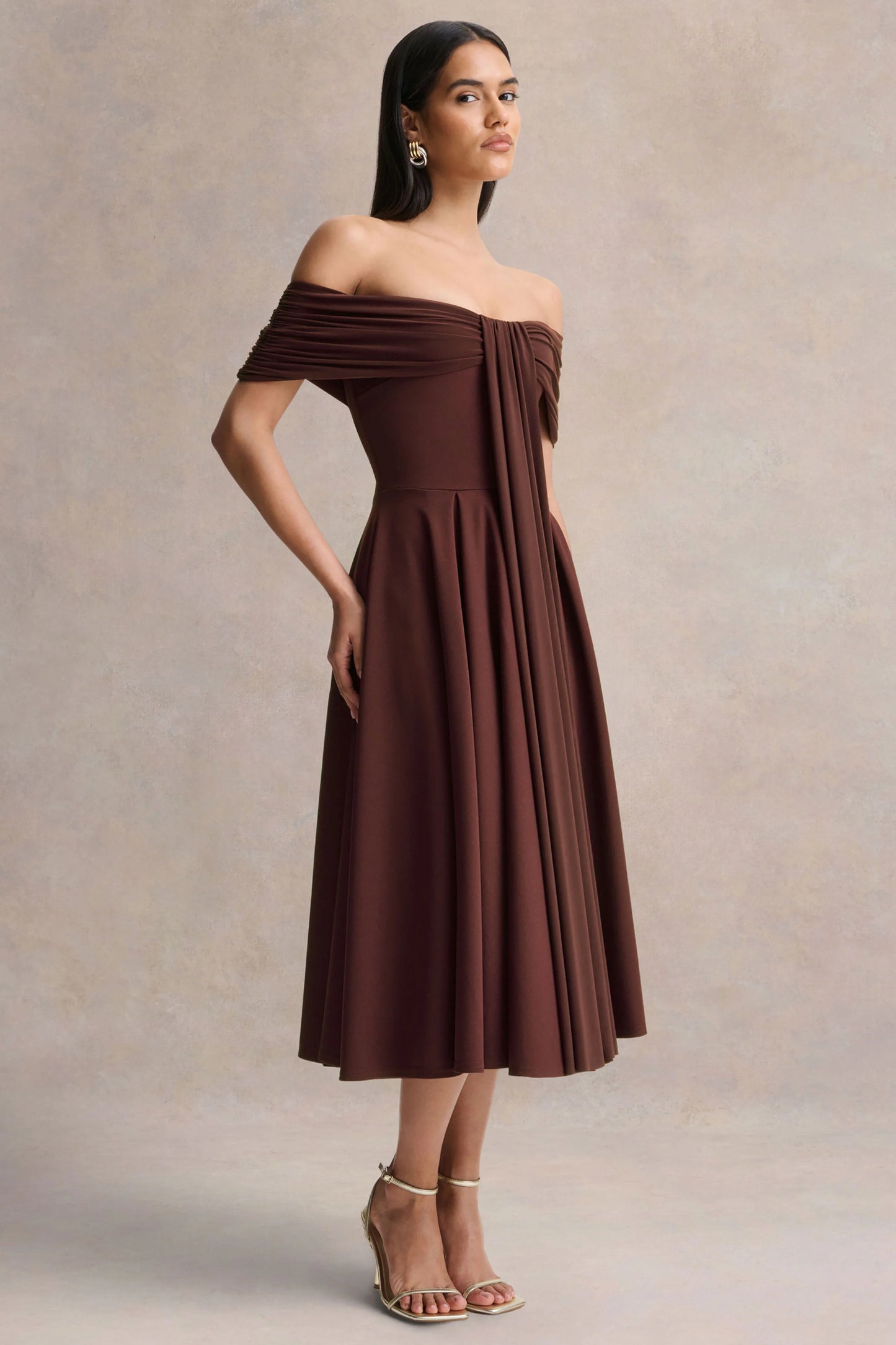 Dearest Brown Bardot-Neck Midi Dress