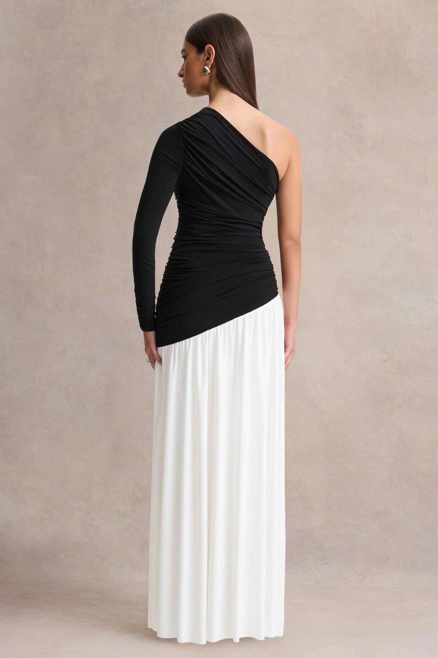 Danila Black And White Asymmetric-Neck Maxi Dress With Drop-Waist
