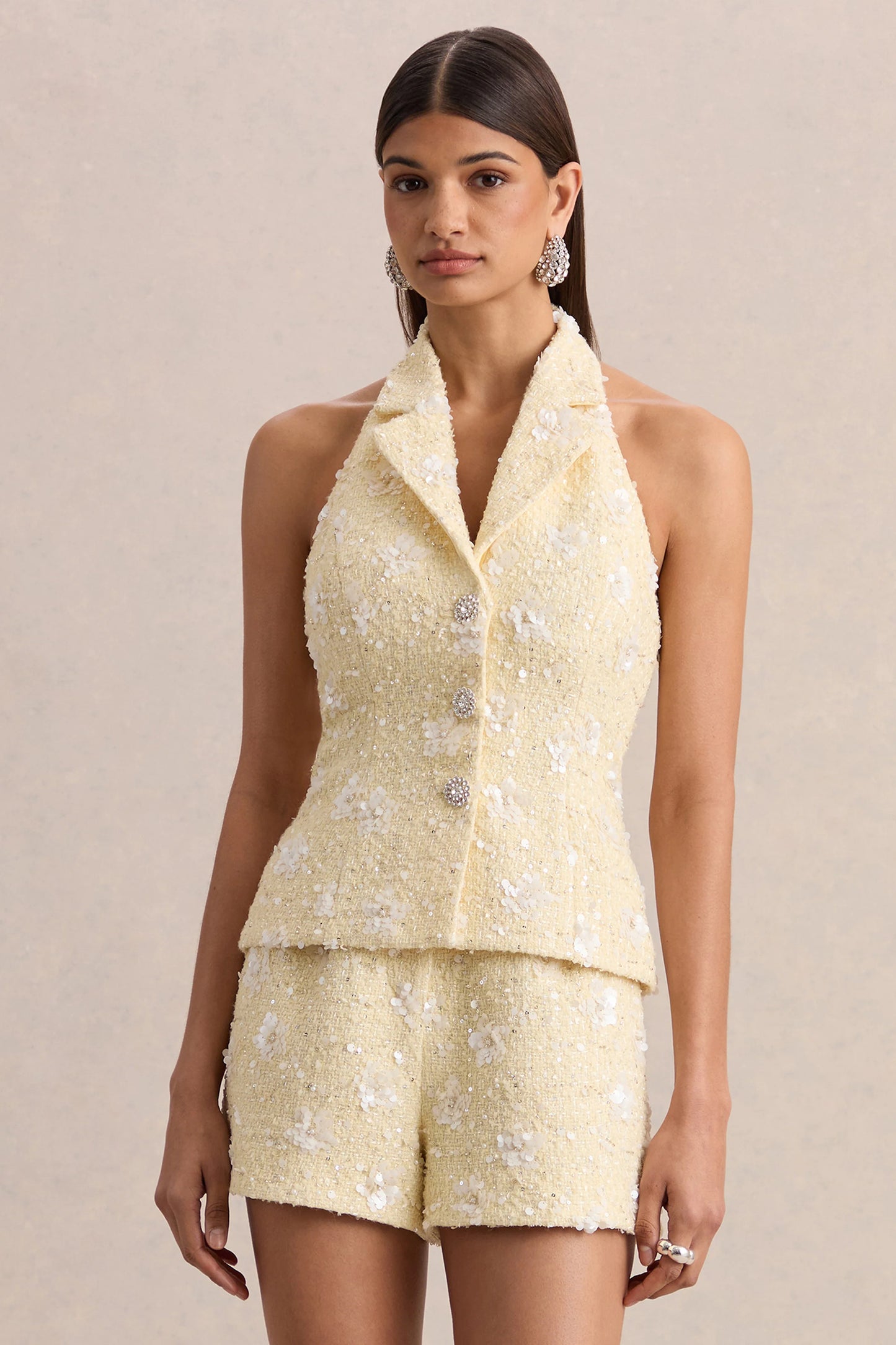 Alba Lemon Boucle Plunge-Neck Crop-Top