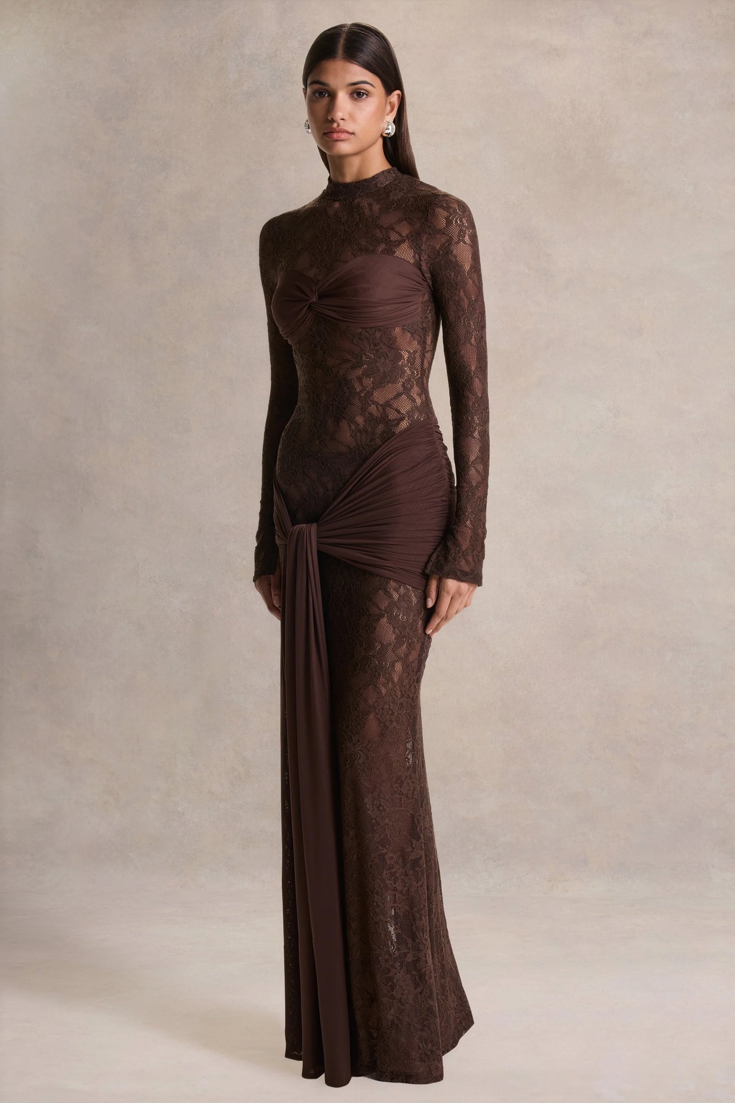 Akira Brown Lace Maxi Dress With Sash-Detail