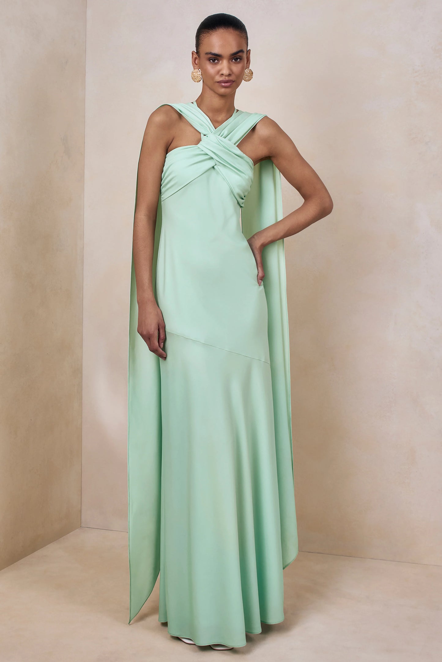 Sloane Mint Matte Satin Halter-Neck Maxi Dress With Cape