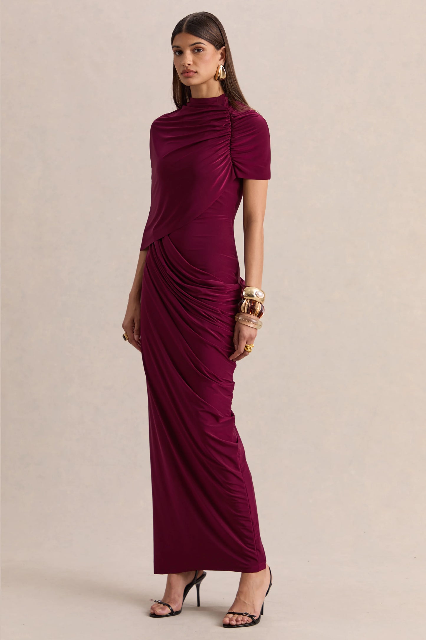 Lunaline Burgundy High-Neck Maxi Dress With Asymmetric Cape And Draped-Detailing