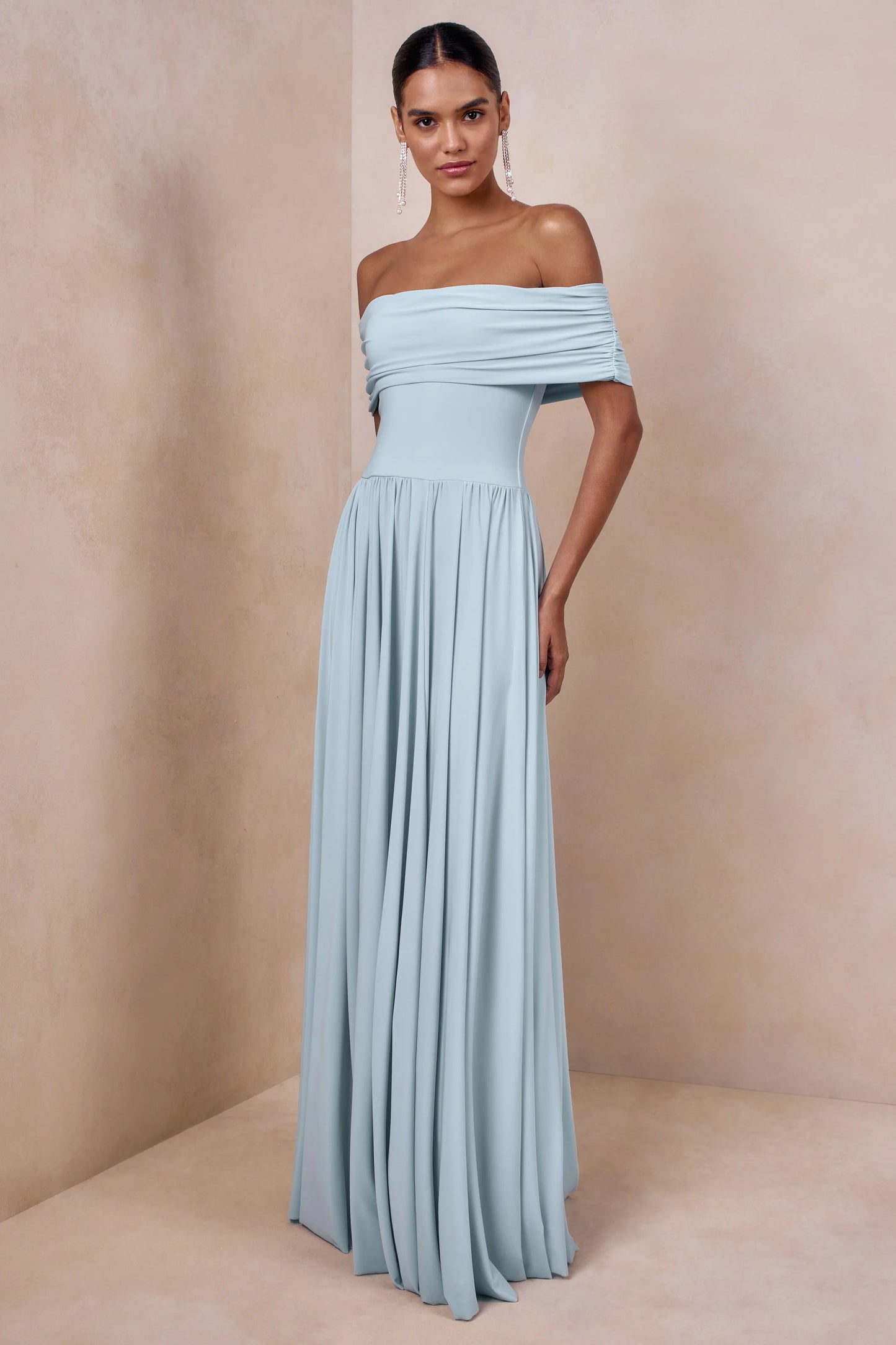 Cindie Powder Blue Bardot-Neck Maxi Dress