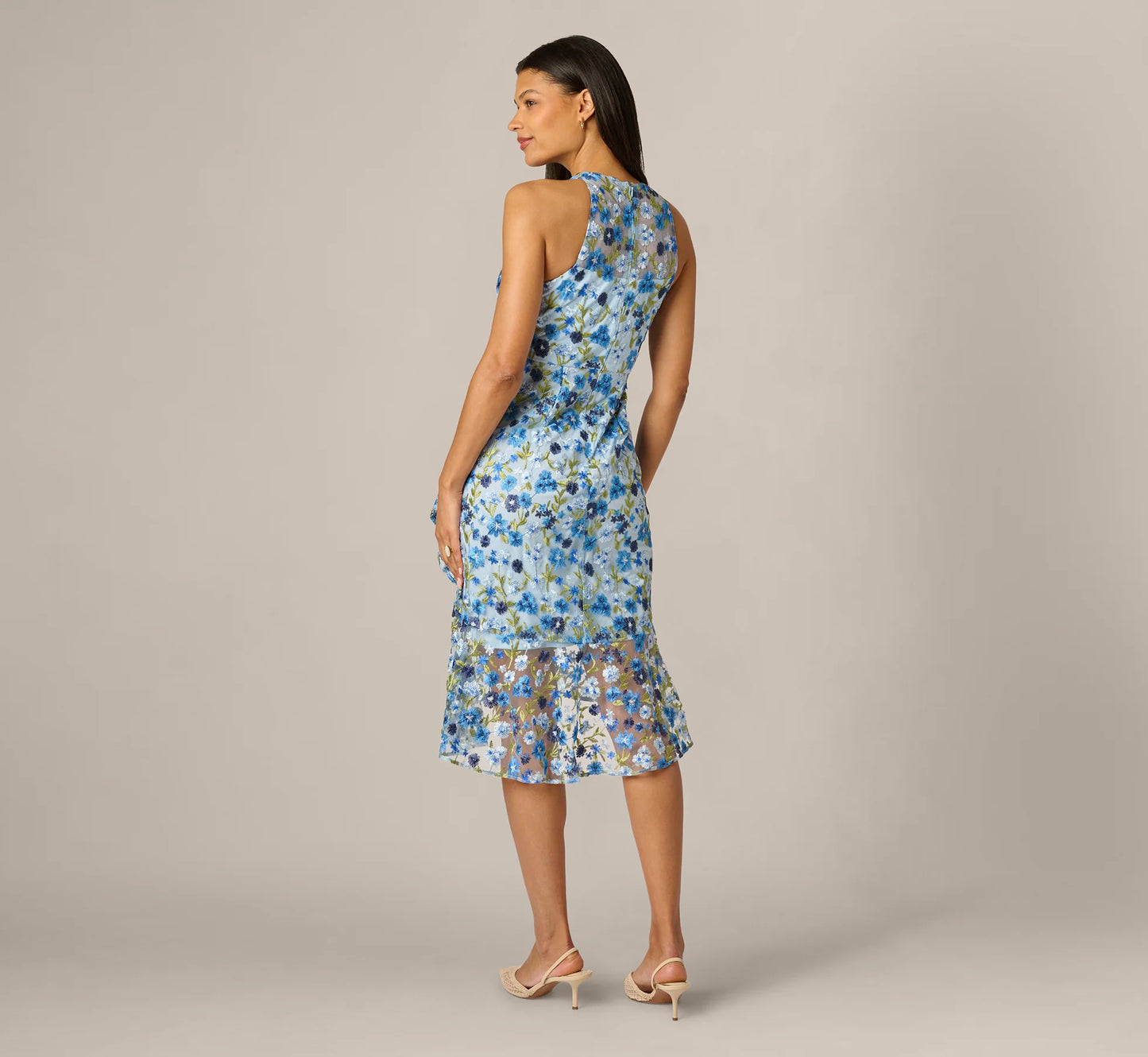 Floral Embroidered Flounce Halter Dress In Blue Multi