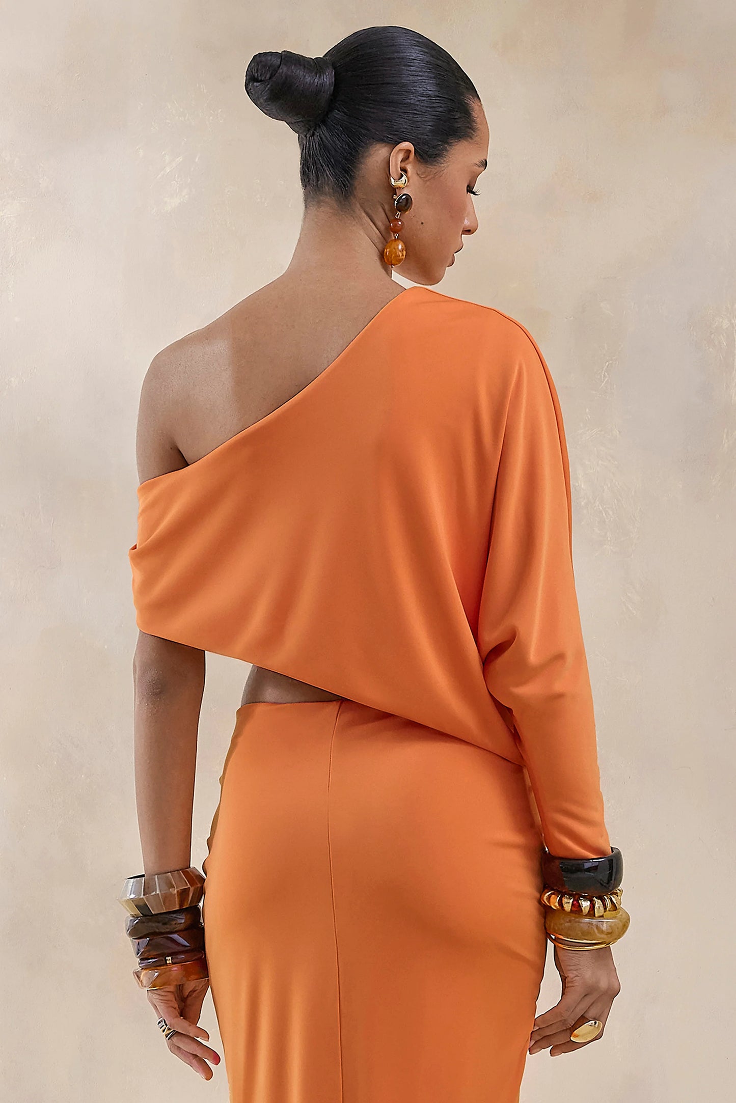 Dua Orange Asymmetric One-Sleeve Draped Top