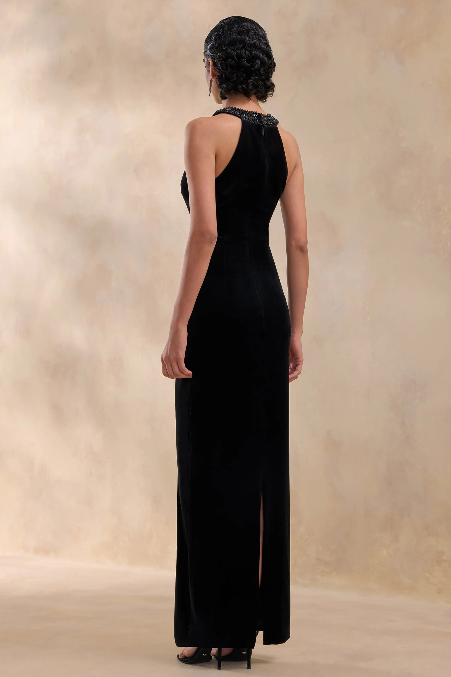 Darya Black Velvet Embellished High-Neck Maxi Dress