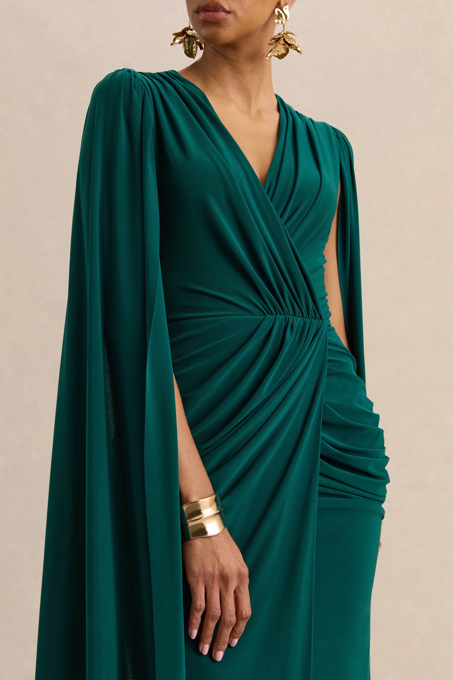 Ulissia Bottle Green V-Neck Maxi Dress With Cape-Sleeves