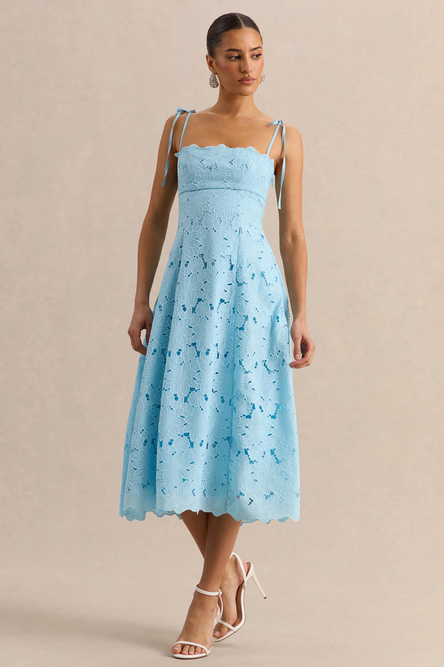 Anna Embroidered Powder Blue Square-Neck Midi Dress