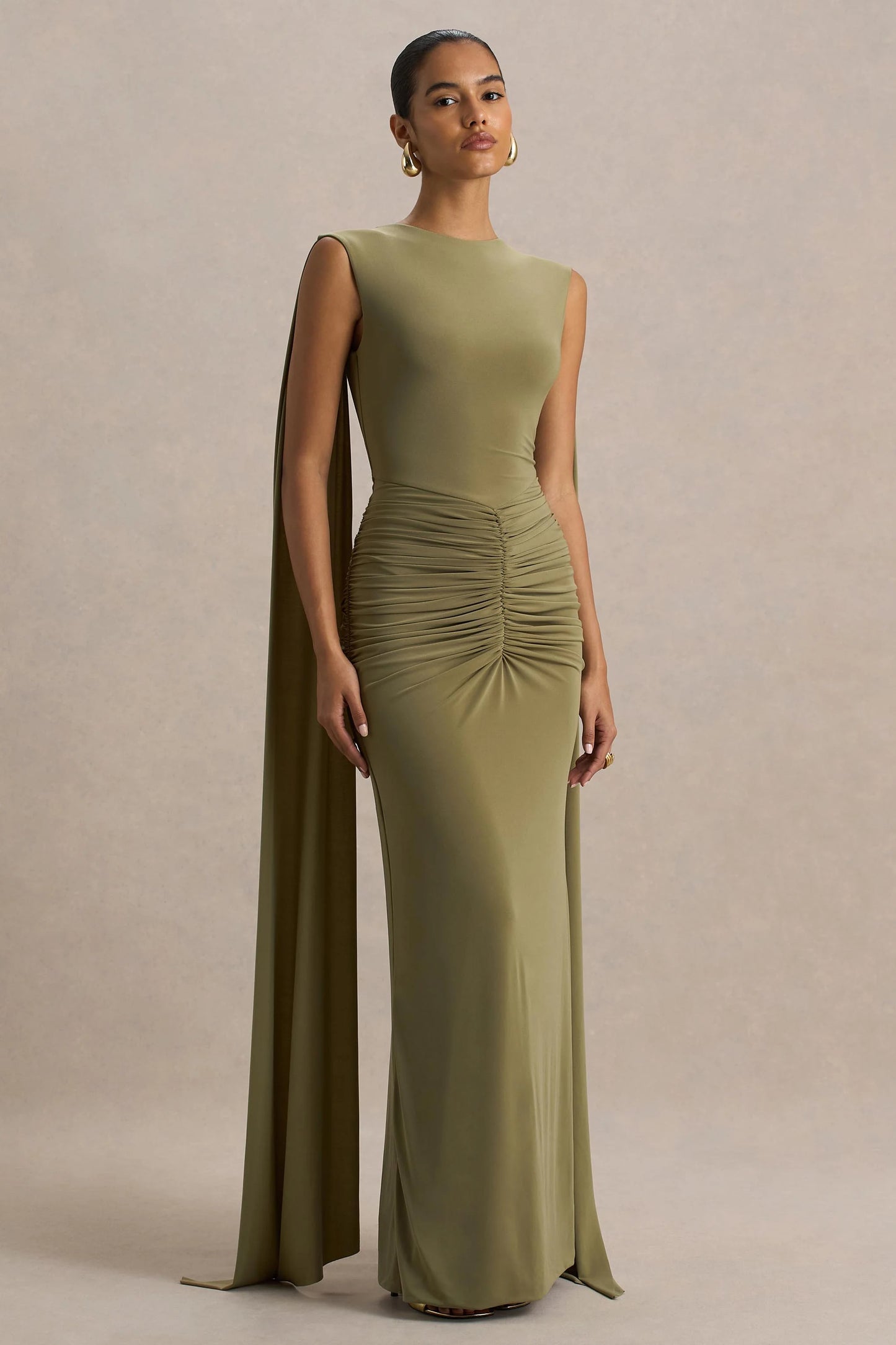Premiere Olive Boat-Neck Maxi Dress With Cape-Sleeves And Open-Back