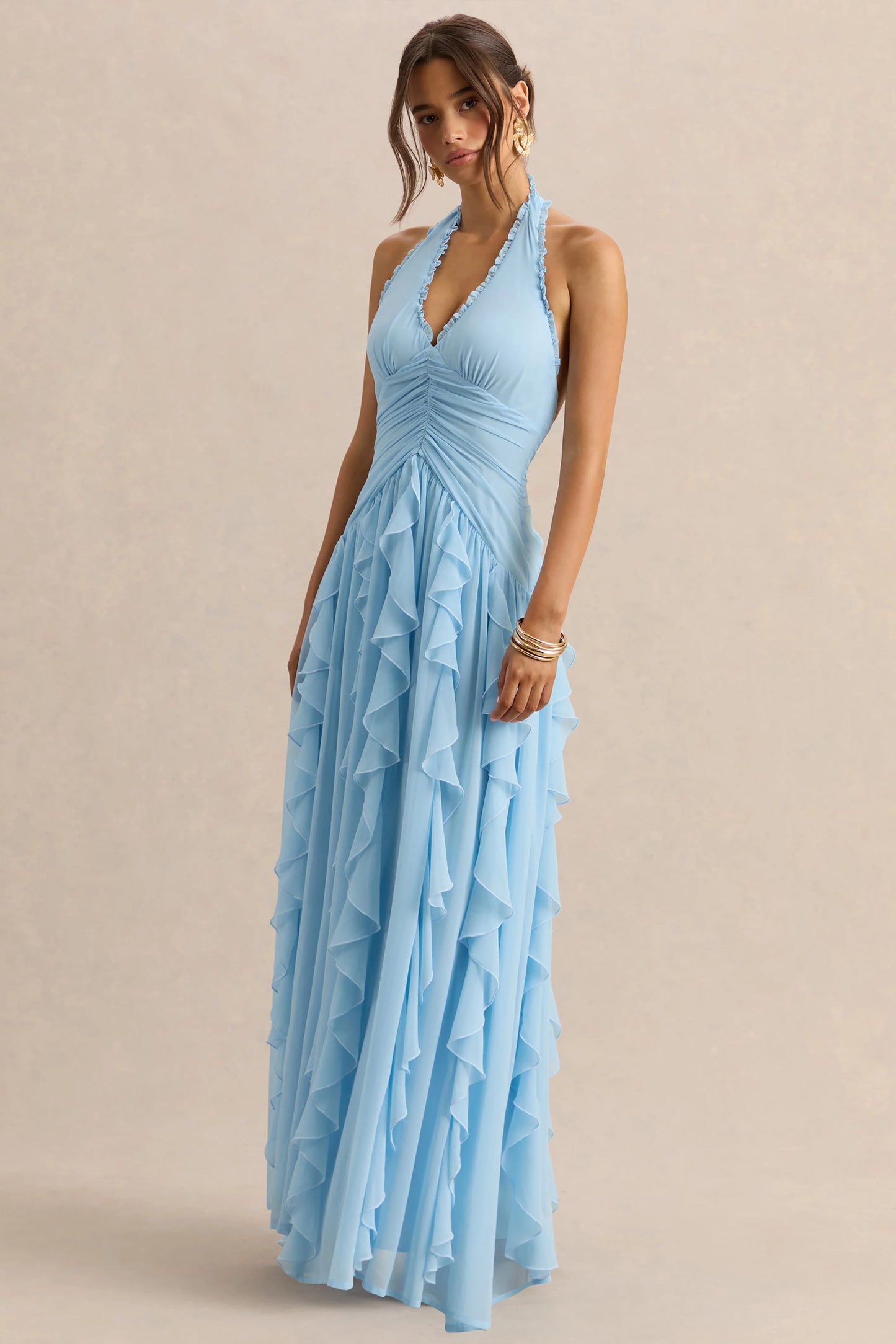 Bea Powder Blue Plunge-Neck Ruffled Maxi Dress