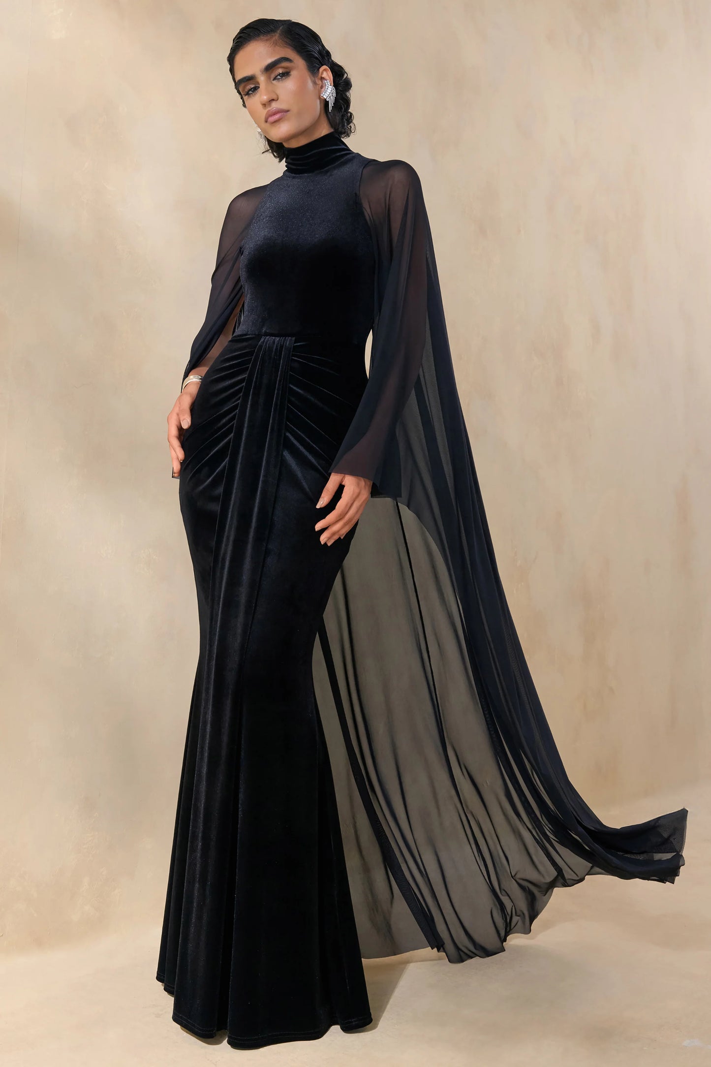 Adoring Black Velvet High-Neck Maxi Dress With Cape