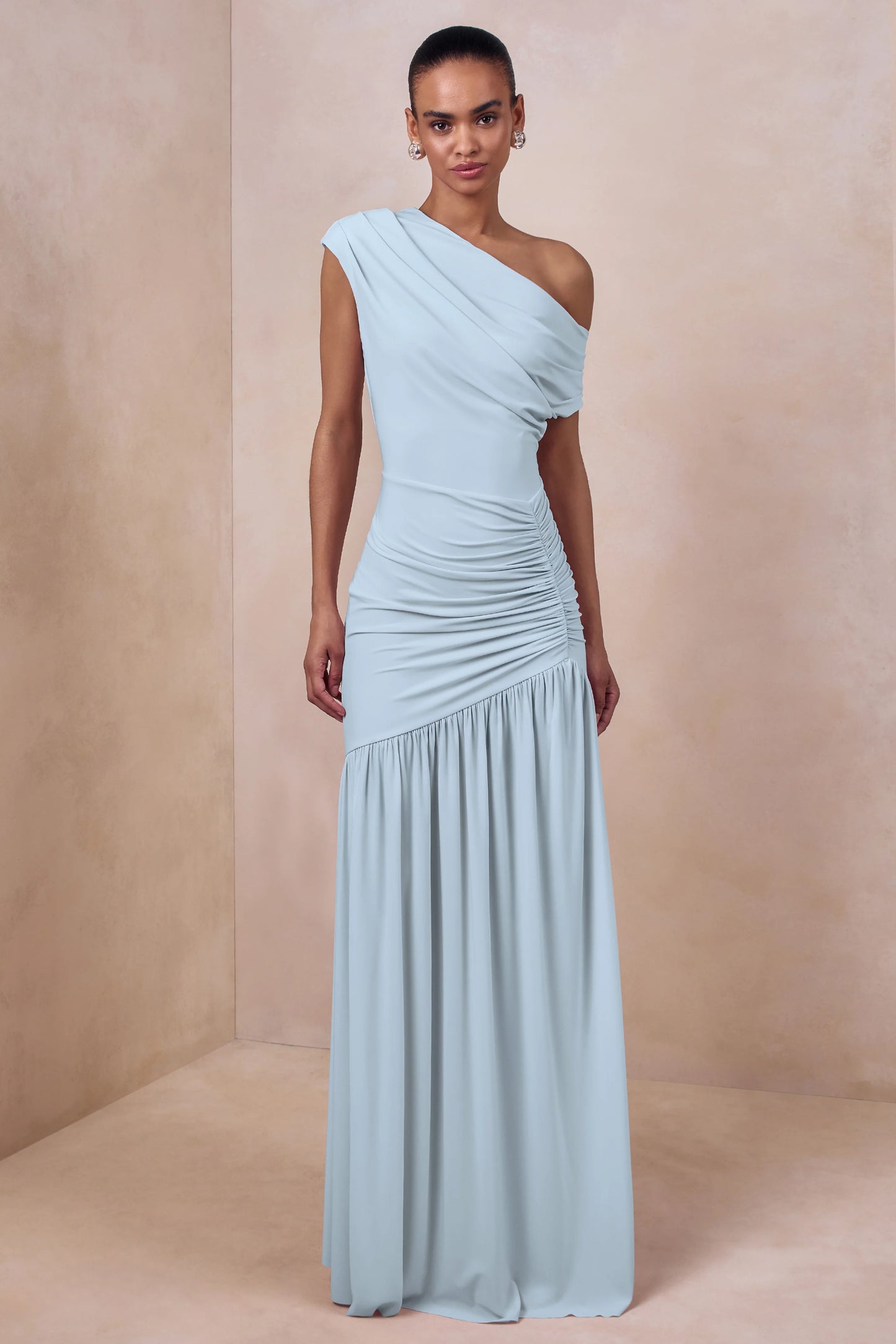 Kady Powder Blue Asymmetric-Neck Maxi Dress With Ruched Detailing