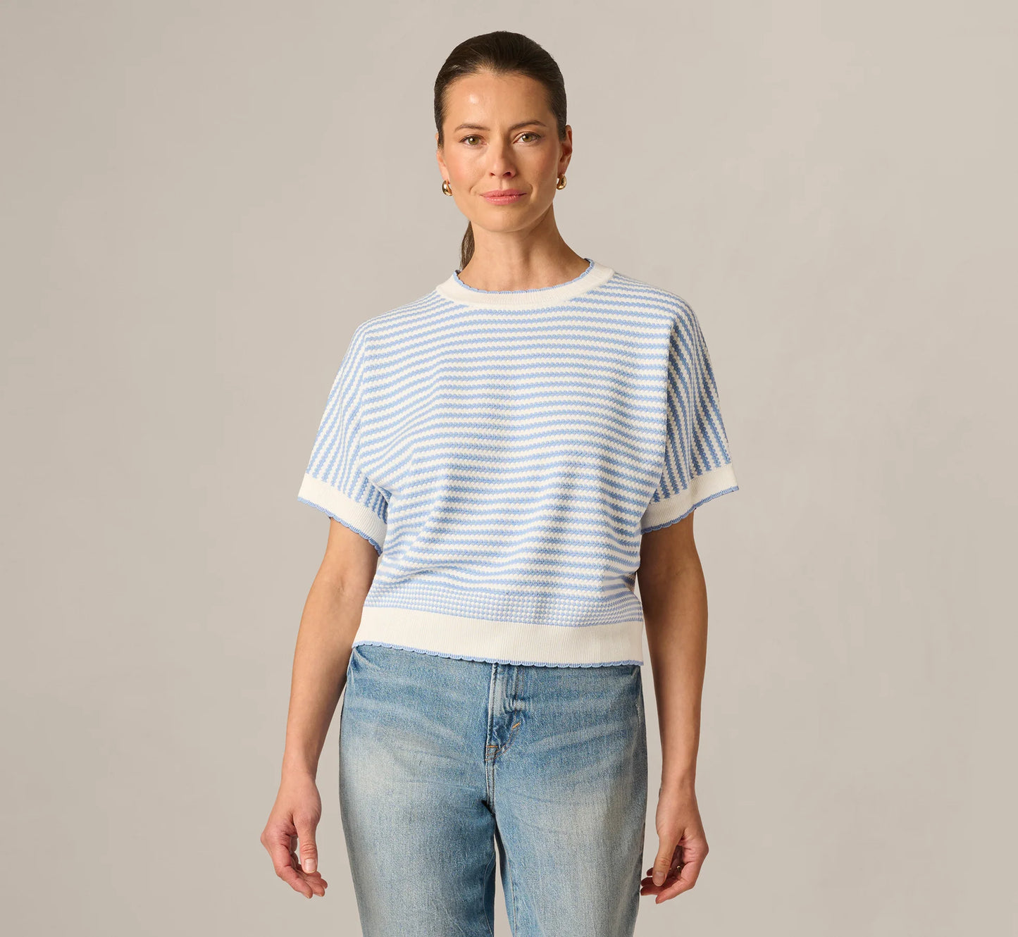 Dolman Sleeve Scalloped Trim Sweater In Ivory Classic Blue
