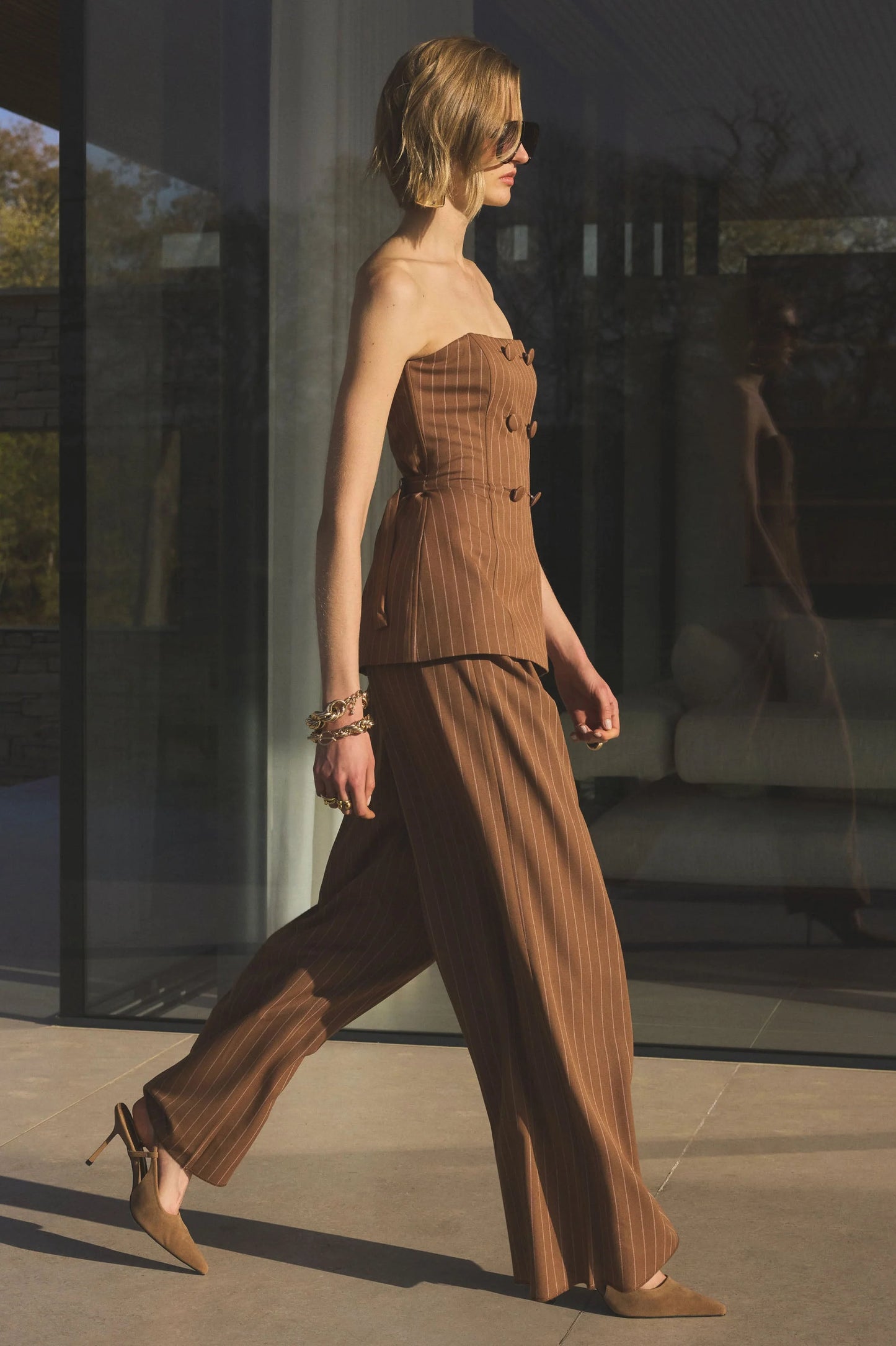 Meliva Brown Pinstripe Wide-Leg Tailored Trouser