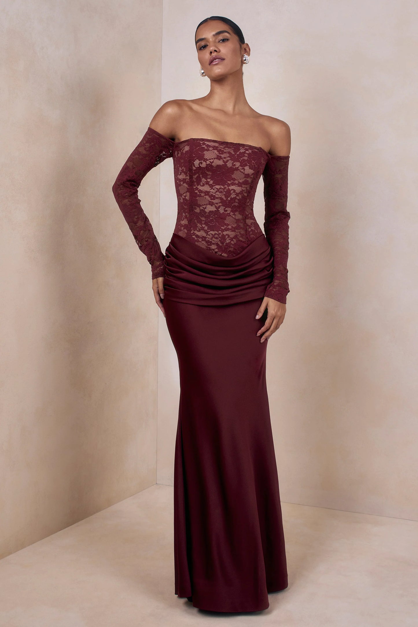 Rinna Burgundy Lace Bardot-Neck Maxi Dress