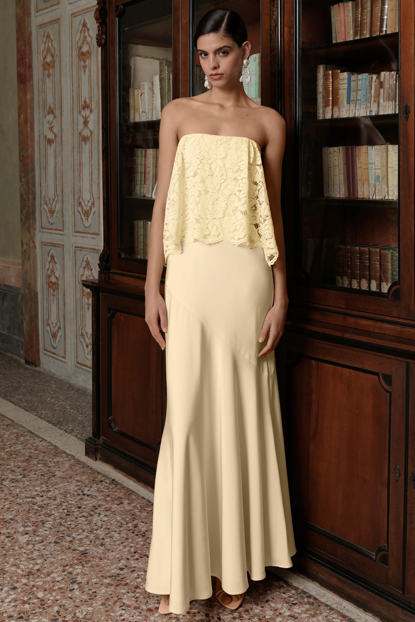 Clemency Lemon Lace And Matte Satin Bandeau Maxi Dress