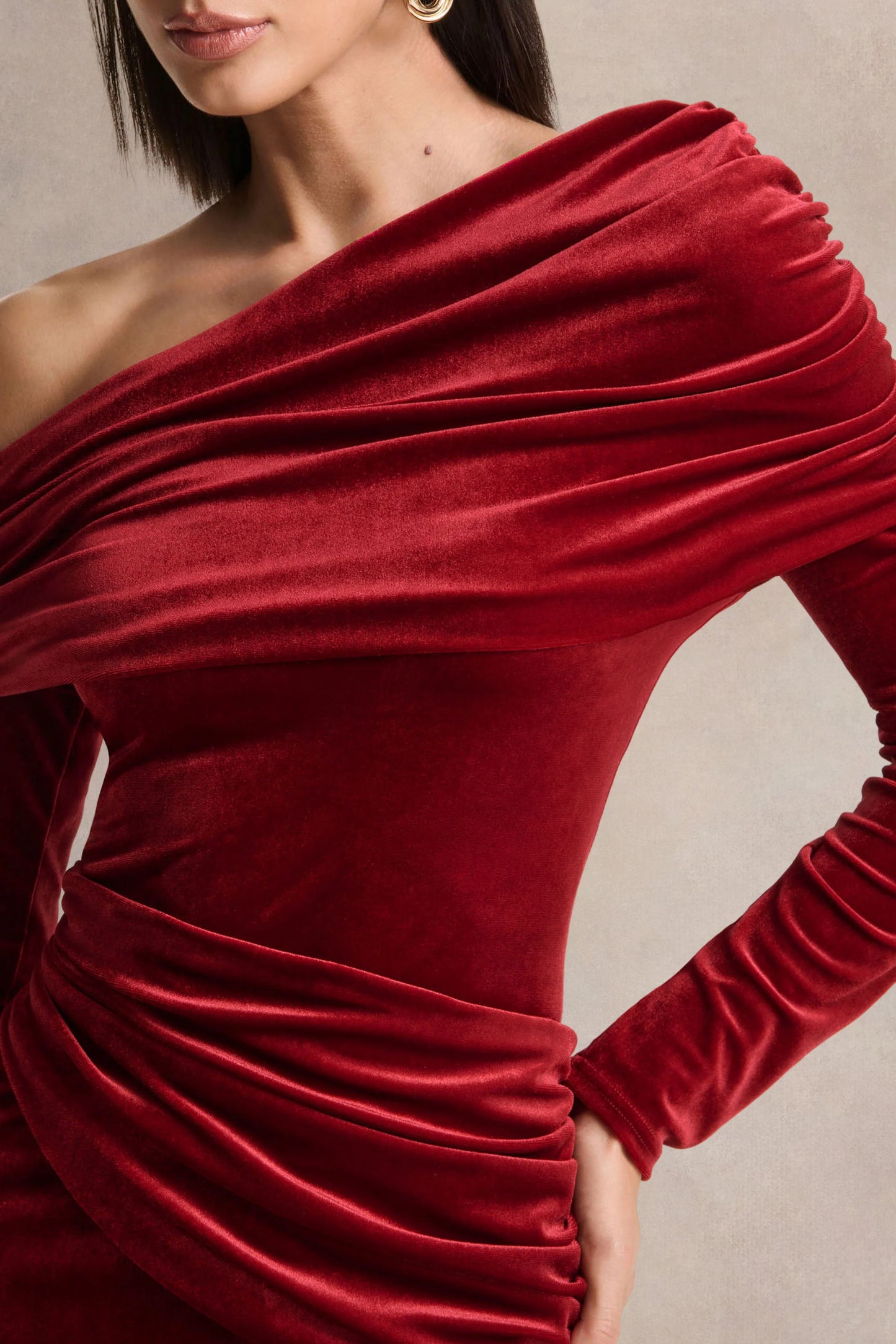 Eirene Red Velvet Asymmetric-Neck Midi Dress