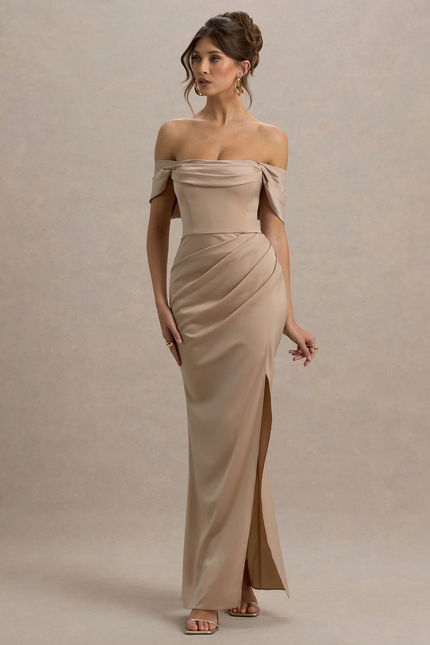 Annie Champagne Satin Bardot Maxi Dress With Split Wrap Skirt
