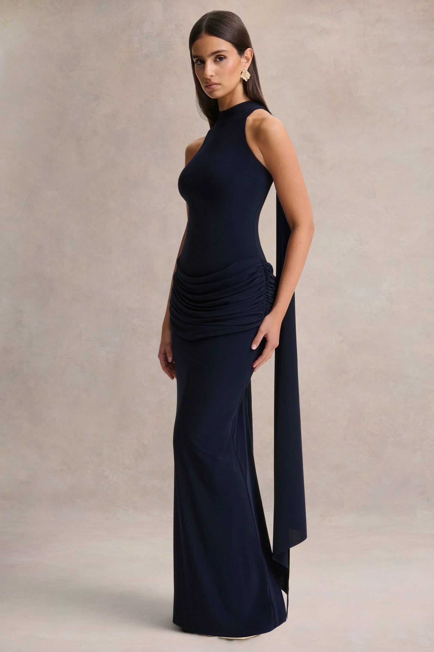 Hesperia Navy High-Neck Maxi Dress With Draped-Detailing And Scarf