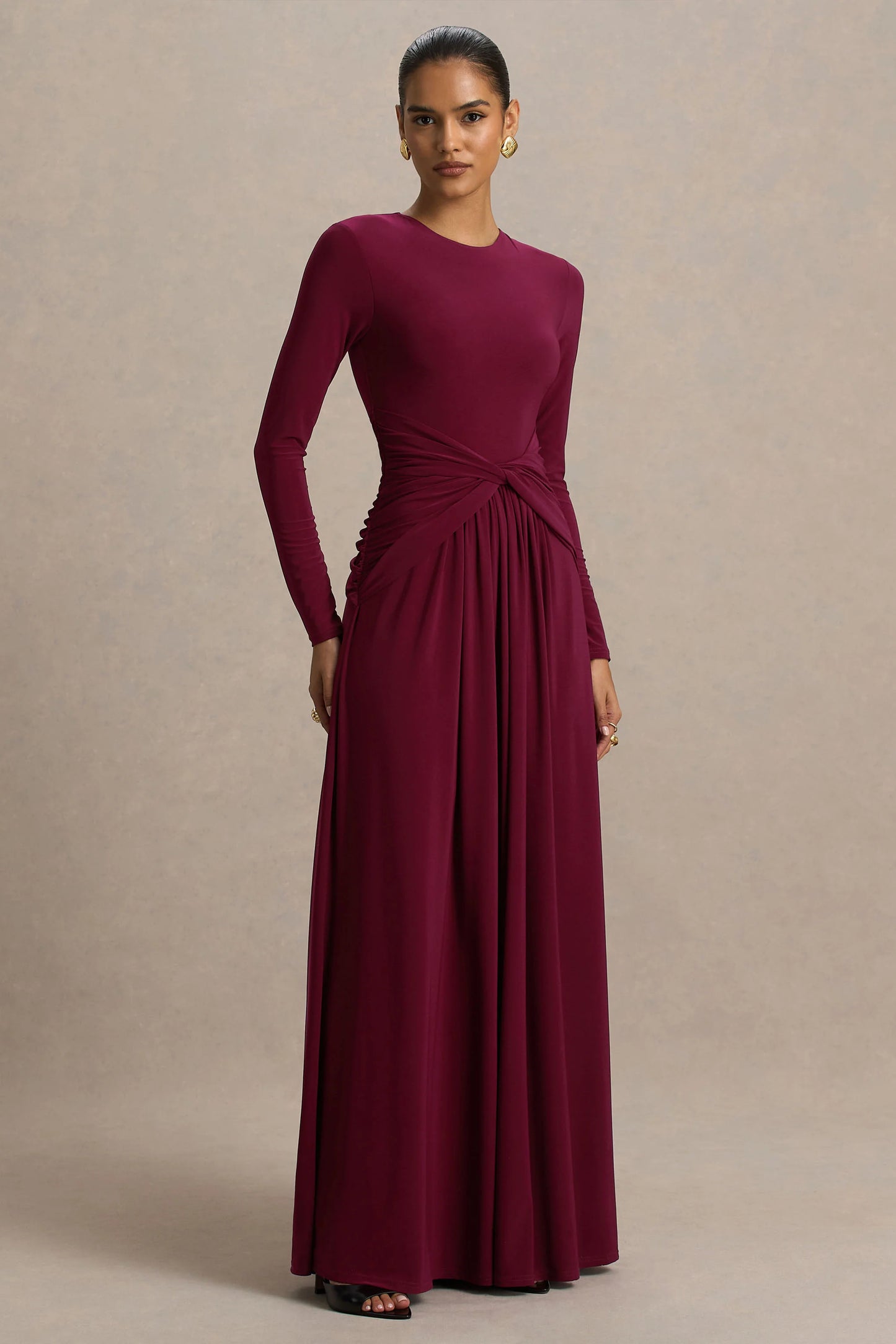 Estrella Berry High-Neck Maxi Dress With Ruched Detailing