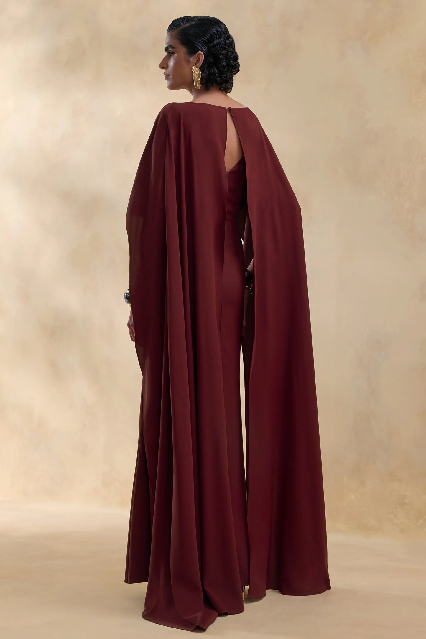 Pristina Burgundy Boat-Neck Woven Maxi Dress With Cape Detail