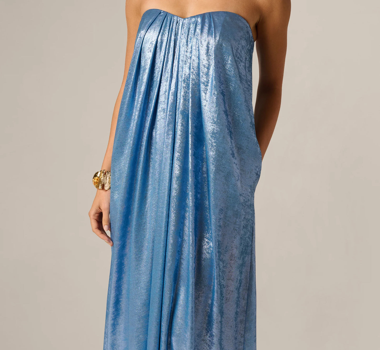Strapless Foil Chiffon Trapeze Gown In Azure Blue