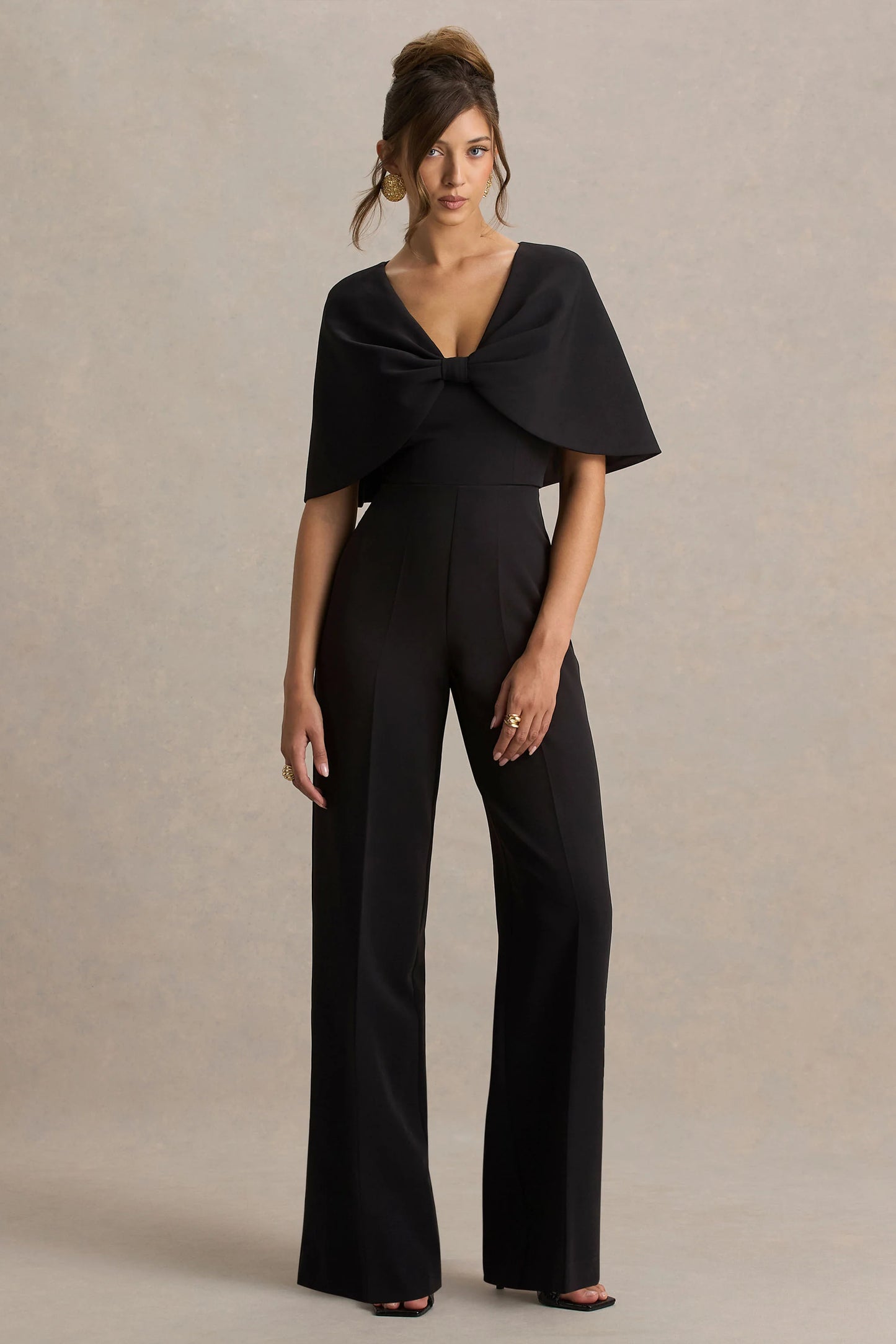 Vivid Black Plunge-Neck Jumpsuit With Bow-Detail
