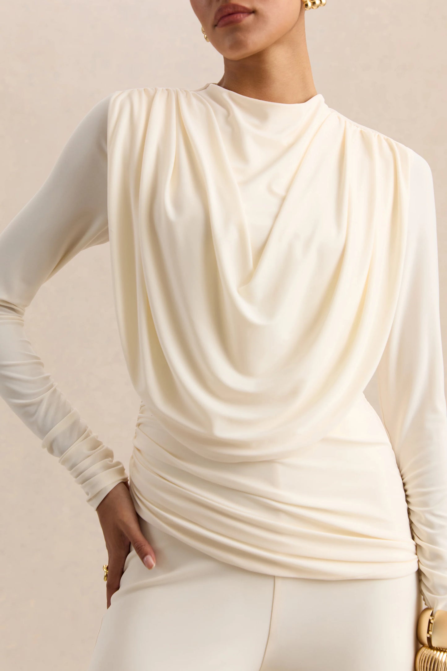 Raniella White High-Neck Top With Gathered And Draped-Detailing