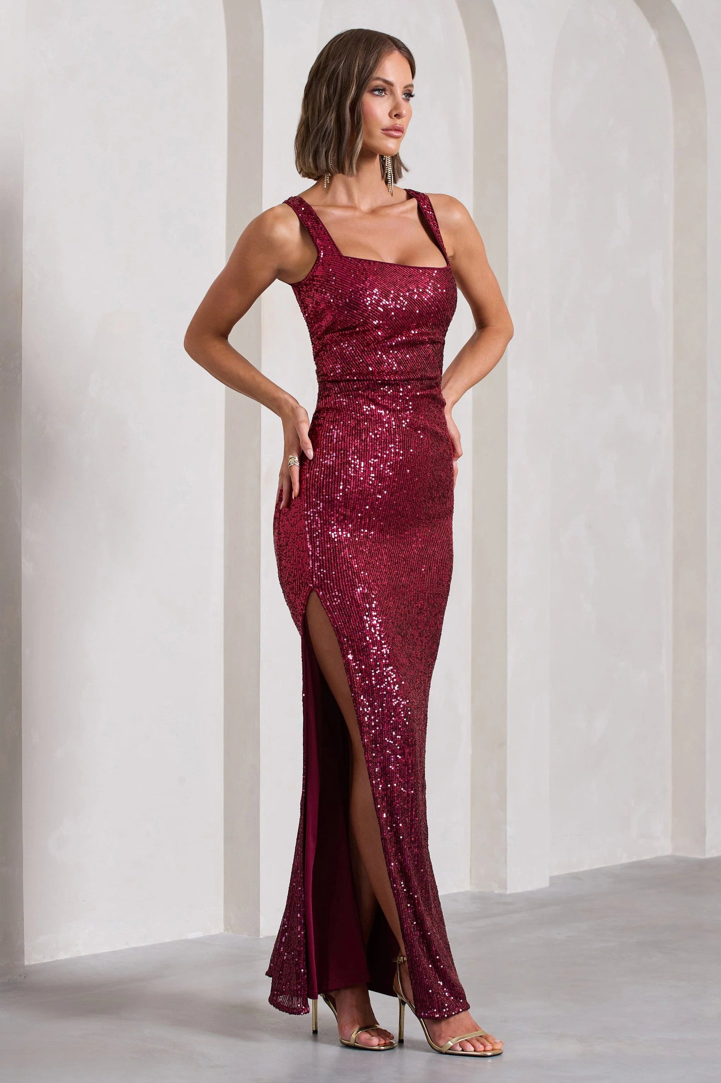 Yvonne Plum Sequin Open-Back Bodycon Maxi Dress
