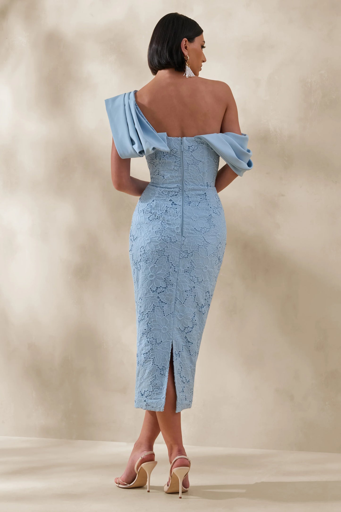 Loria Powder Blue Lace Asymmetric-Neck Midi Dress With Draped Detailing