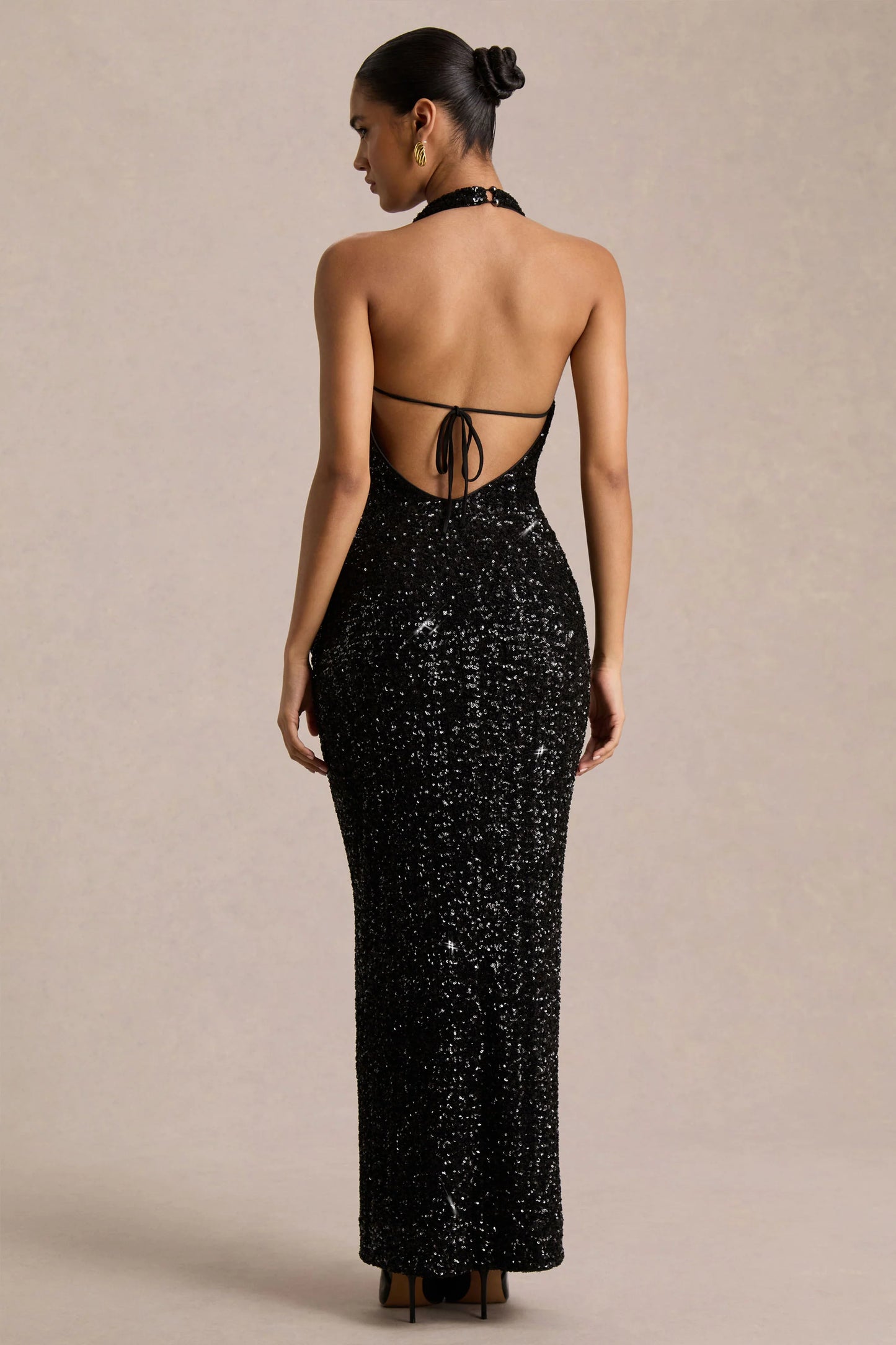 Gio Black Sequin Plunge-Neck Wrap Maxi Dress With Ruched Detailing