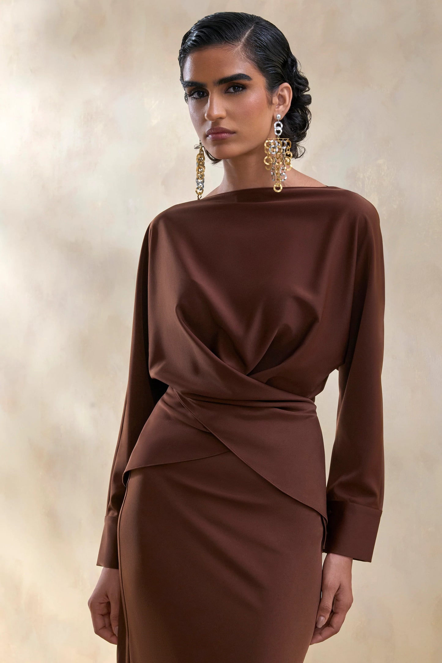 Miravia Brown Satin Wide-Neck Long-Sleeve Top