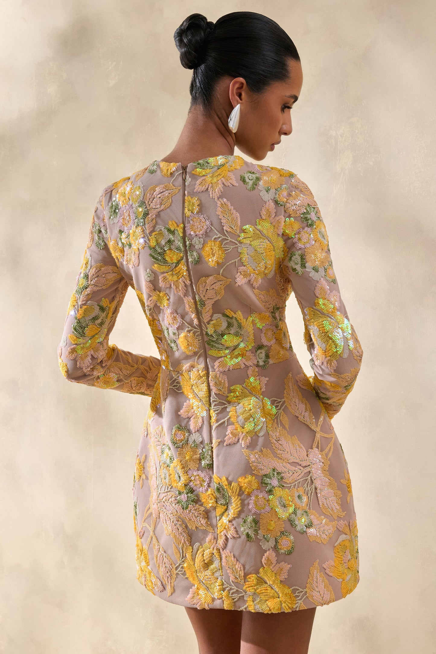 Merdia Yellow Embellished Floral Crew-Neck Mini Dress