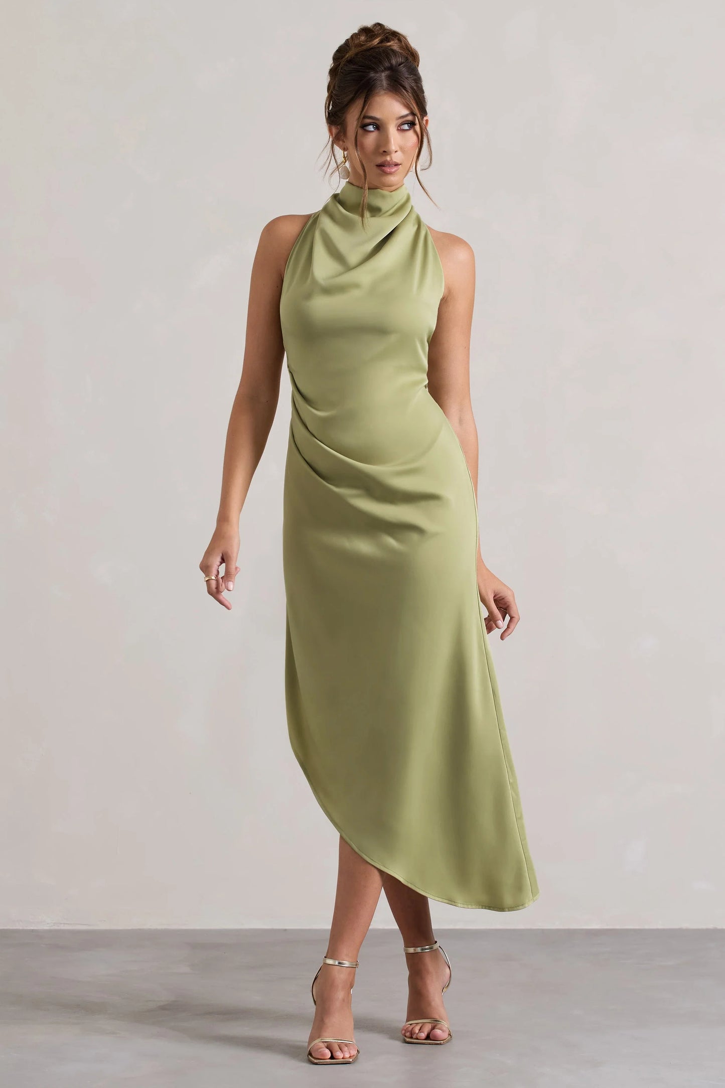 Sophina Light Olive Satin Cowl-Neck Asymmetric Midi Dress