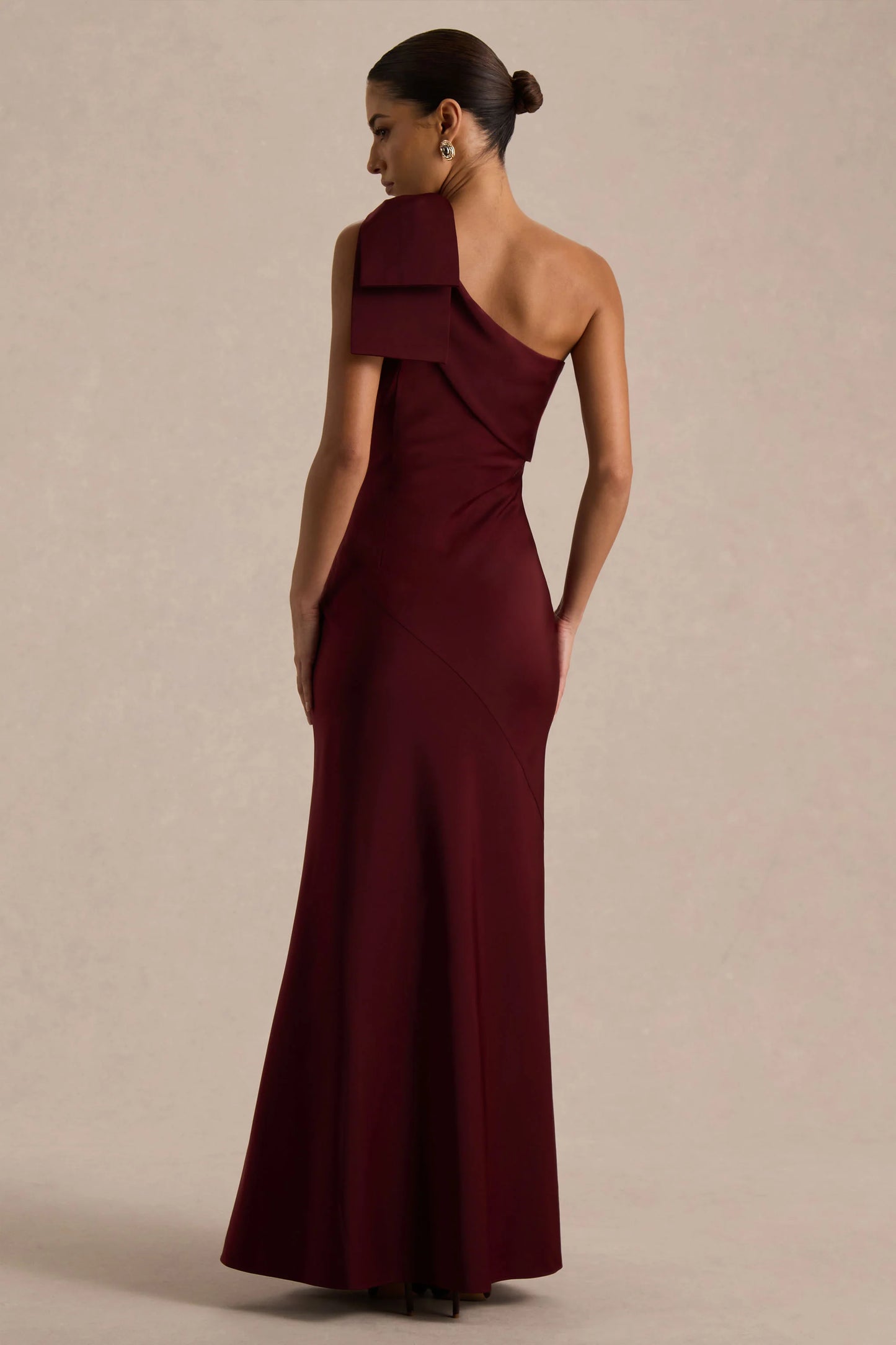 Josephine Burgundy Matte Satin Asymmetric-Neck Maxi Dress With Bow Detail