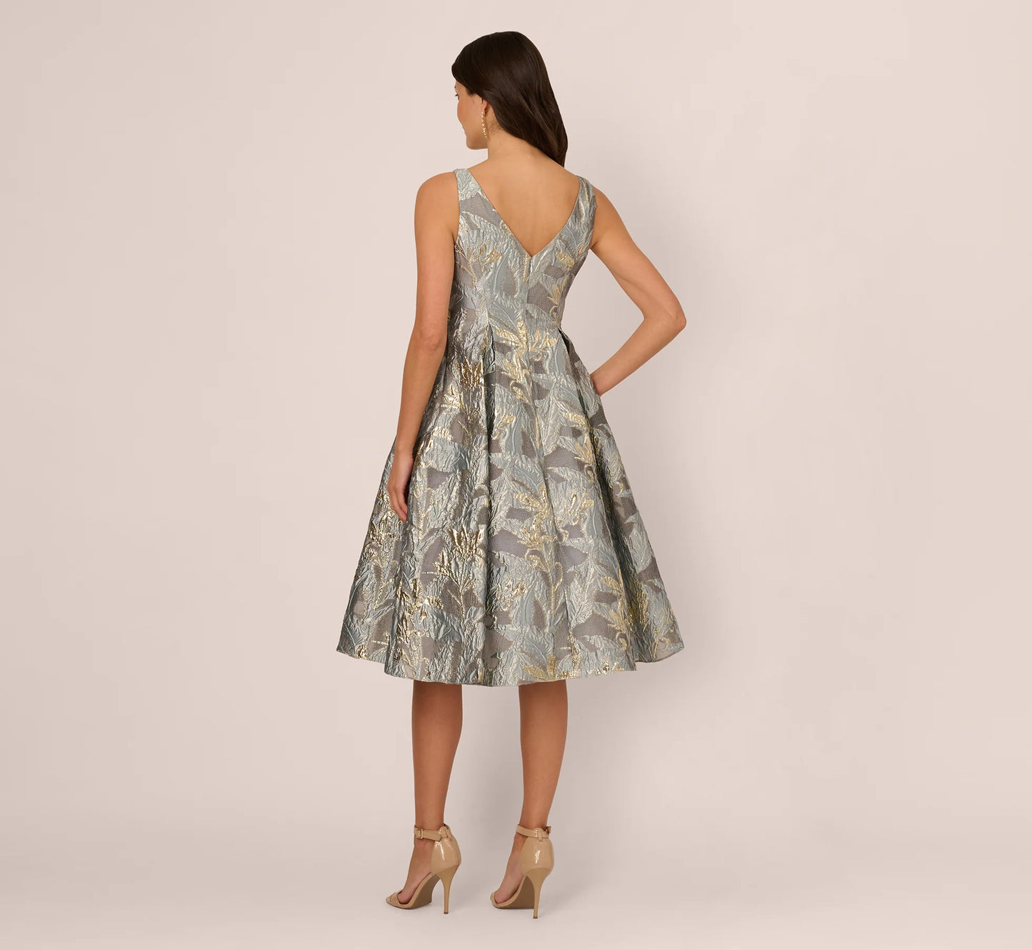 Tea Length Jacquard Dress With Sleeveless Bodic In Slate