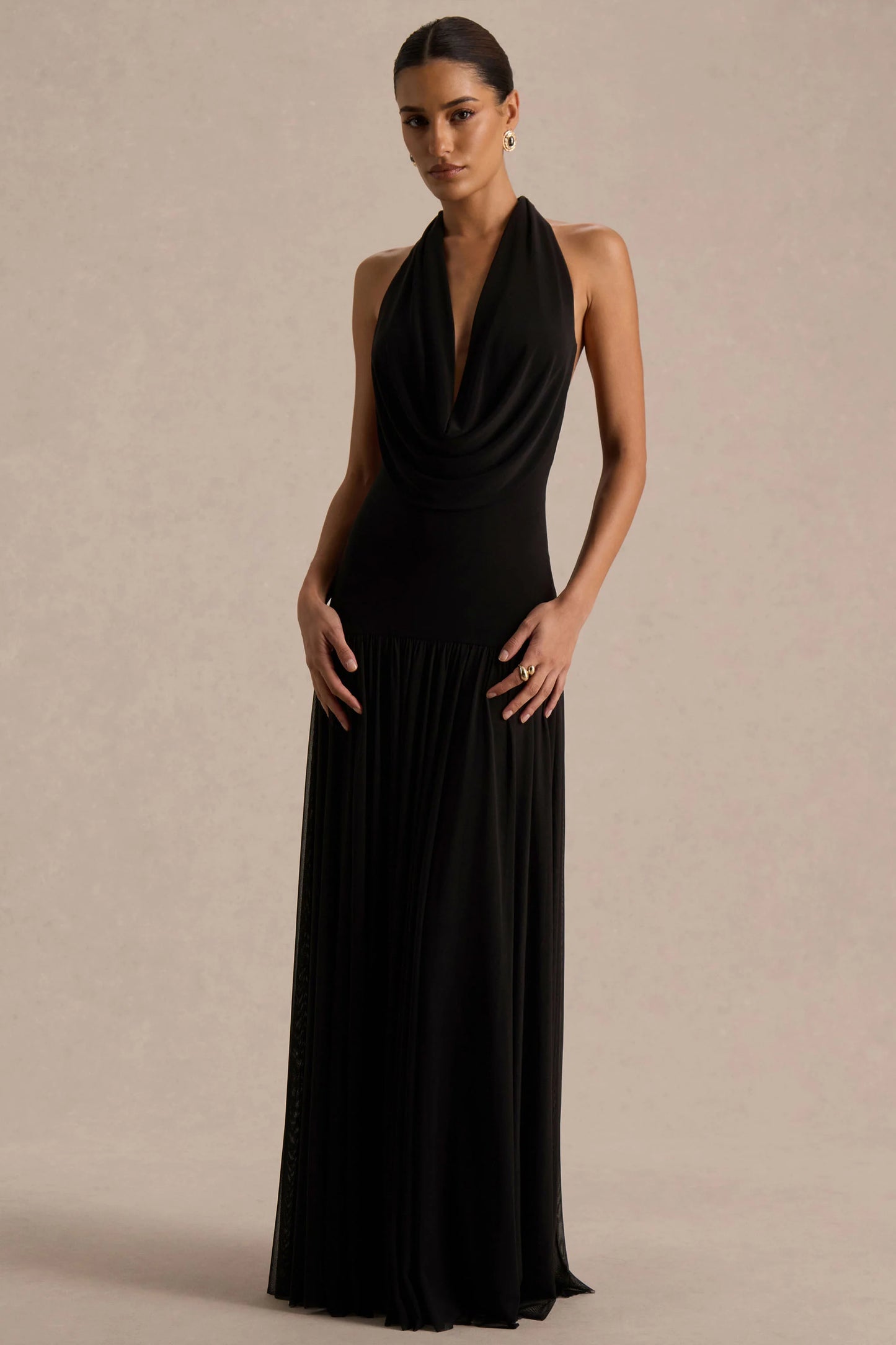 Verity Black Cowl-Neck Maxi Dress With Sheer-Skirt