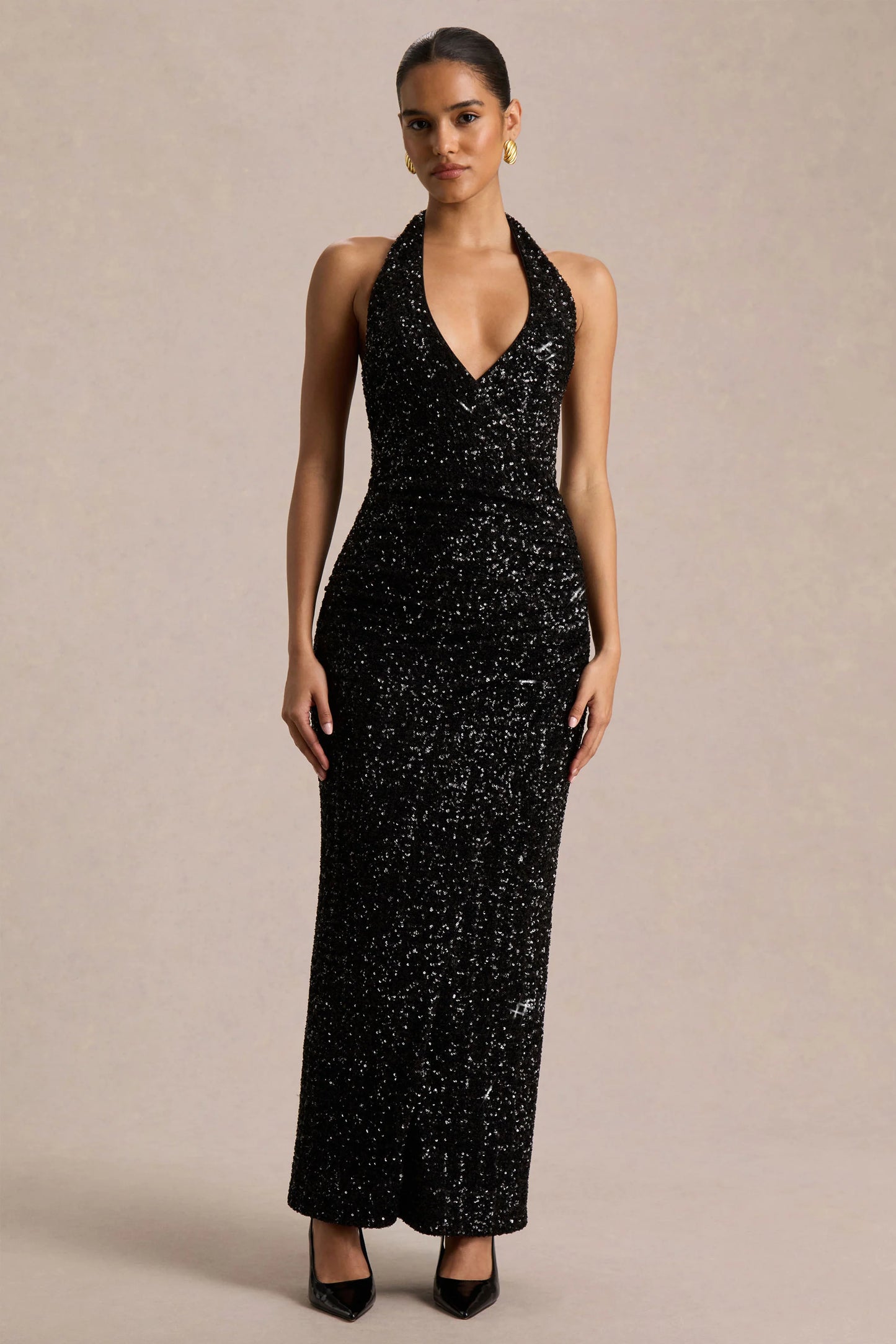 Gio Black Sequin Plunge-Neck Wrap Maxi Dress With Ruched Detailing